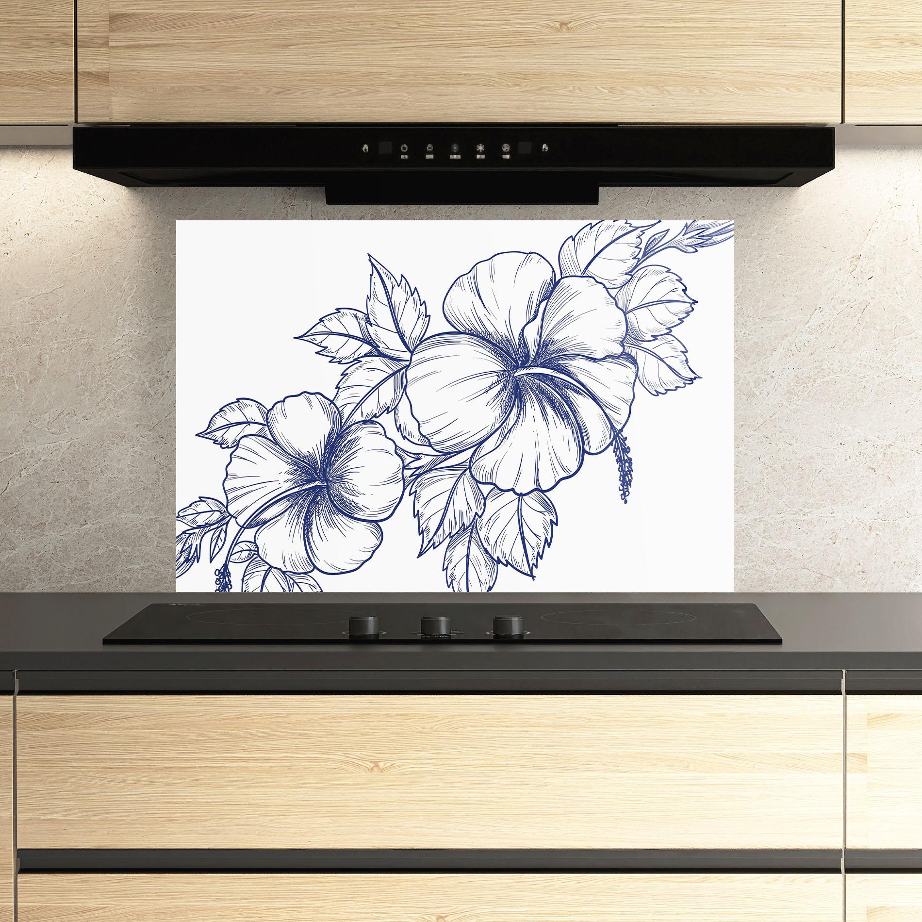 Panou Sticla Bucatarie Dark Blue Line Flower mockup 3