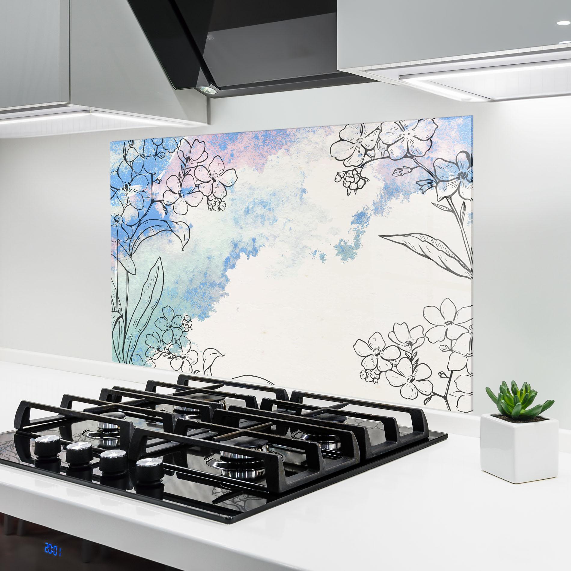 Panou Sticla Bucatarie Blue Watercolor Flower mockup 6