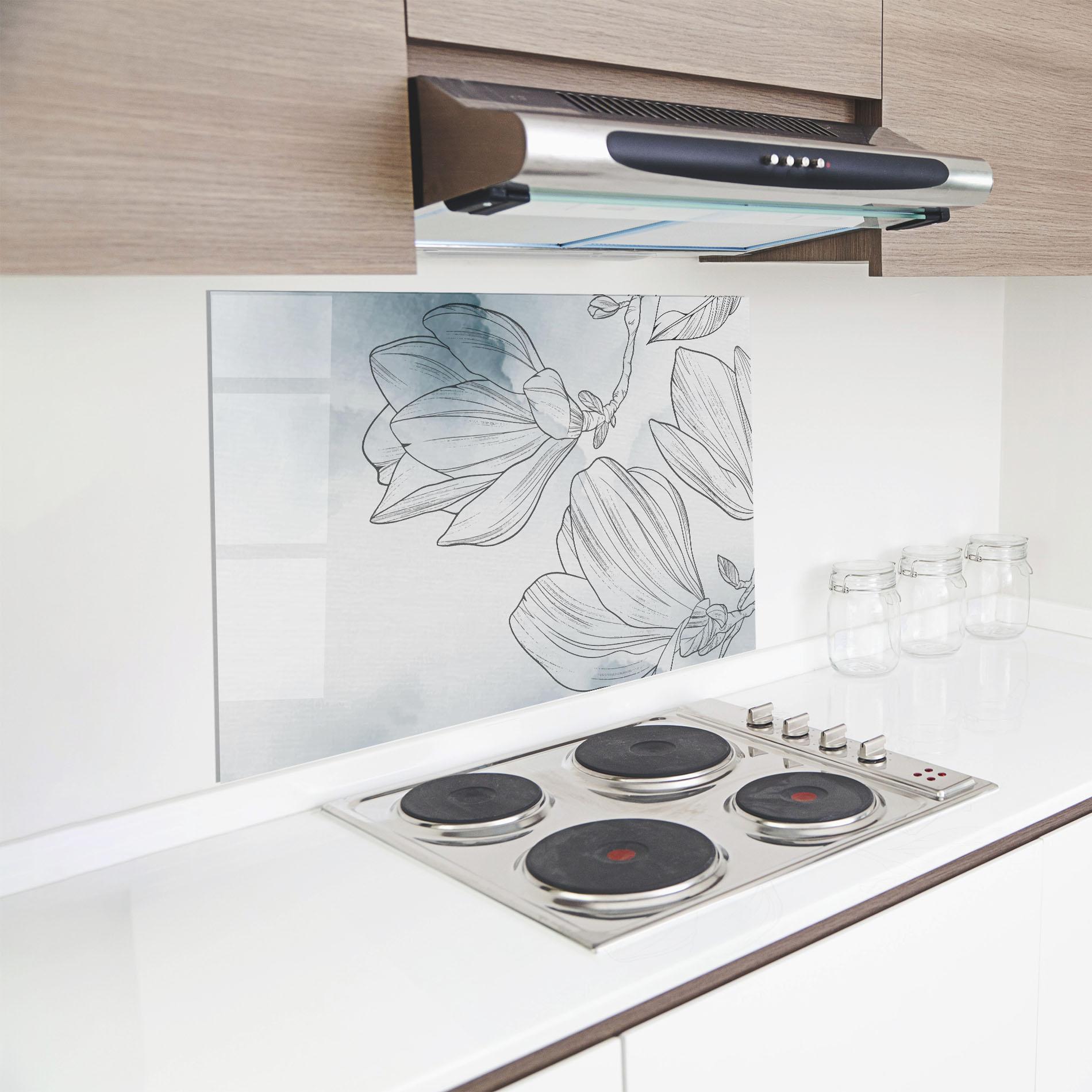 Panou Sticla Bucatarie Blue Line Flower mockup 8