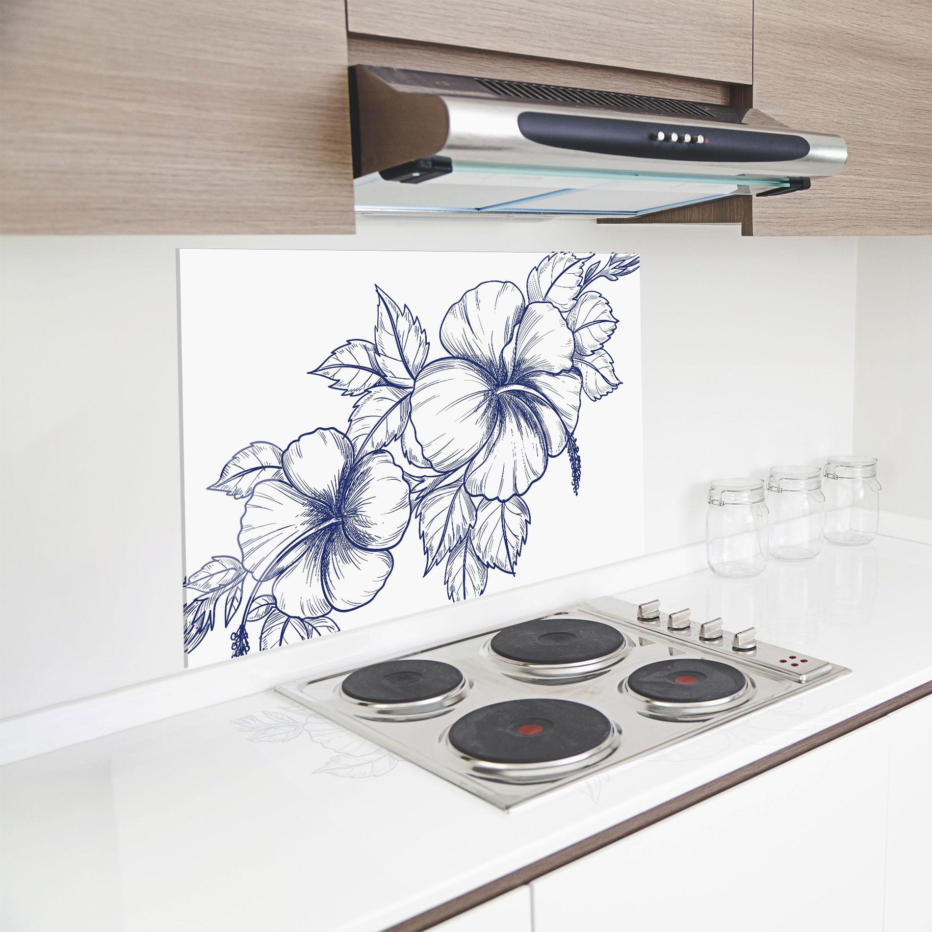 Panou Sticla Bucatarie Dark Blue Line Flower mockup 8