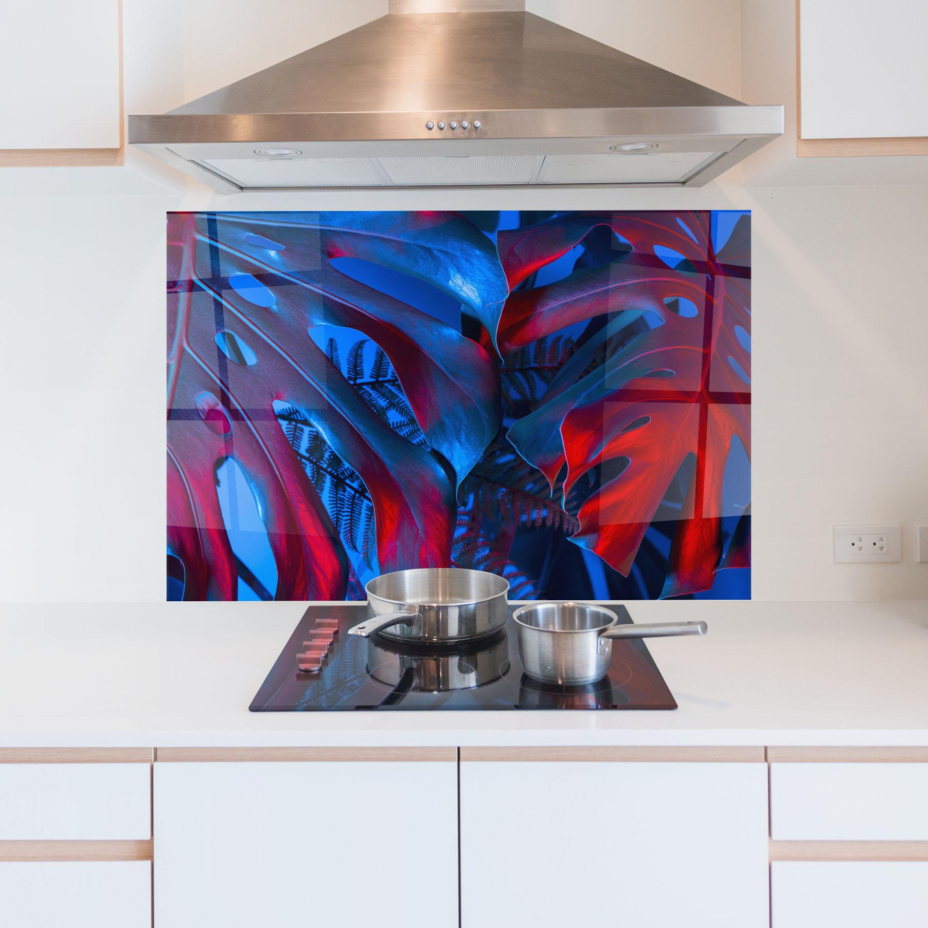 Panou Sticla Bucatarie Exotic Blue Leaf mockup 5