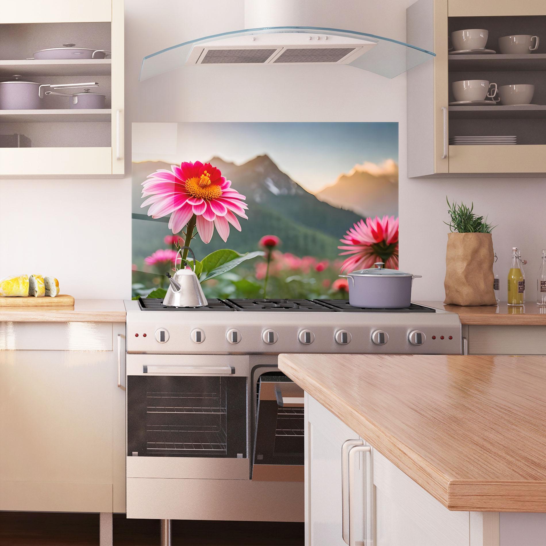Panou Sticla Bucatarie Mountain Pink Flower mockup 1