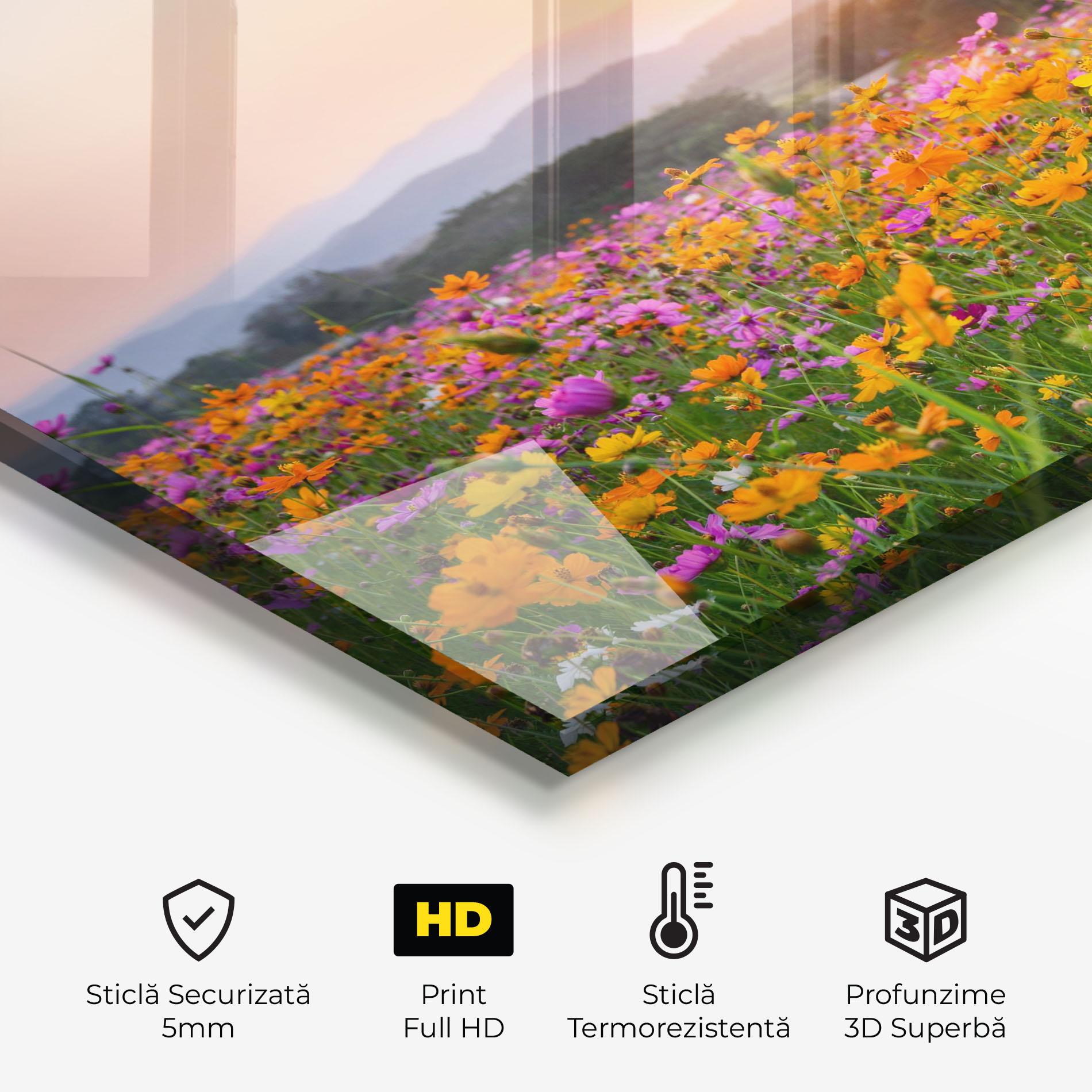 Panou Sticla Bucatarie Sunset Mountain Flowerf mockup 2