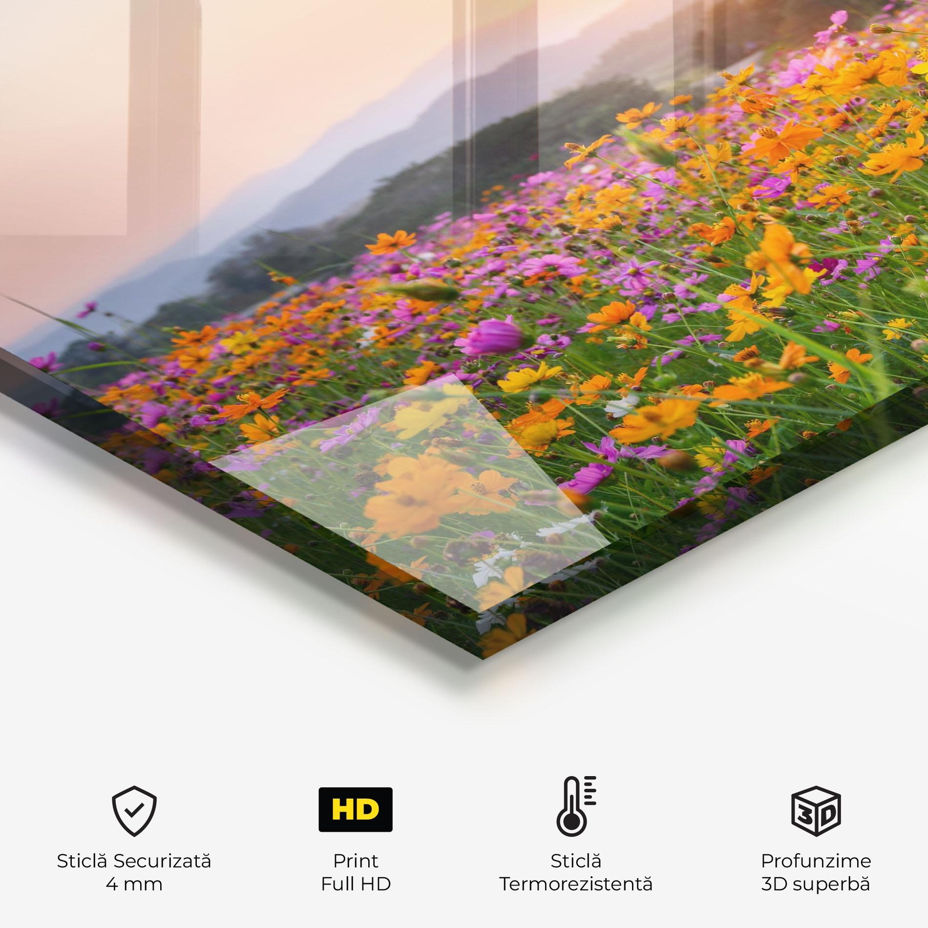 Panou Sticla Bucatarie Sunset Mountain Flowerf mockup 2