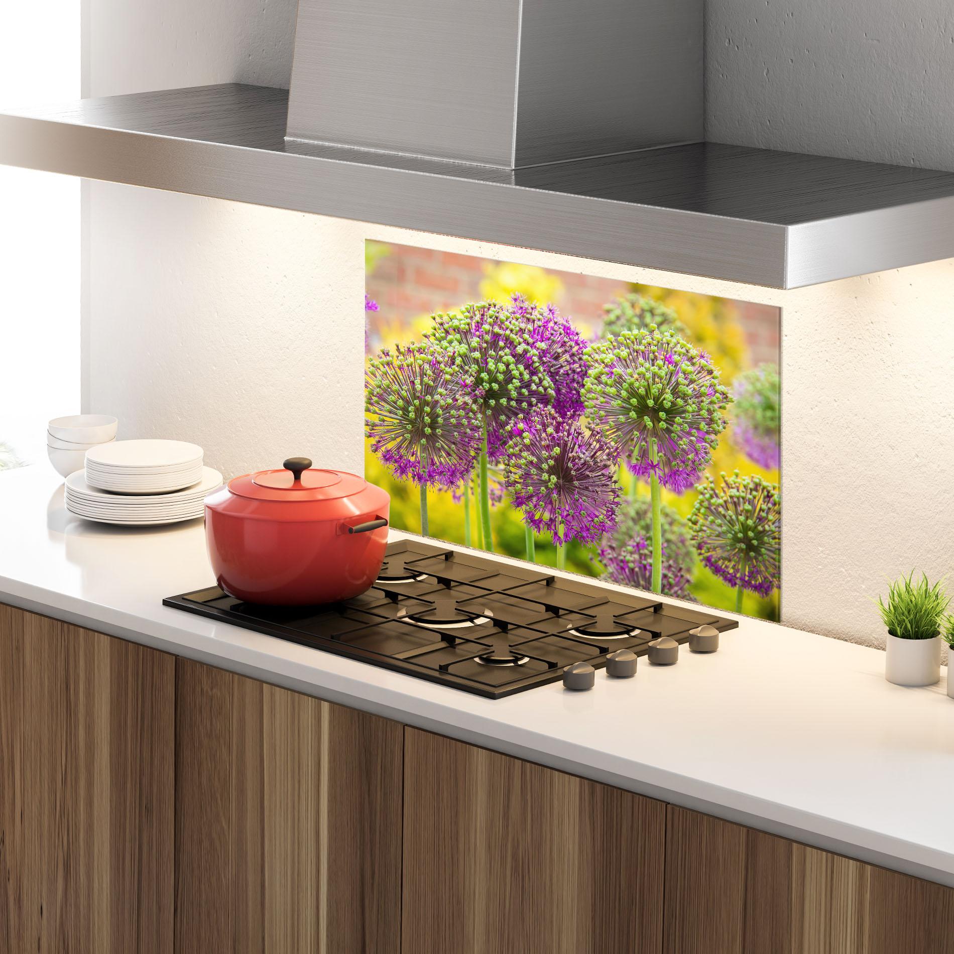 Panou Sticla Bucatarie Green Purple Garden mockup 4