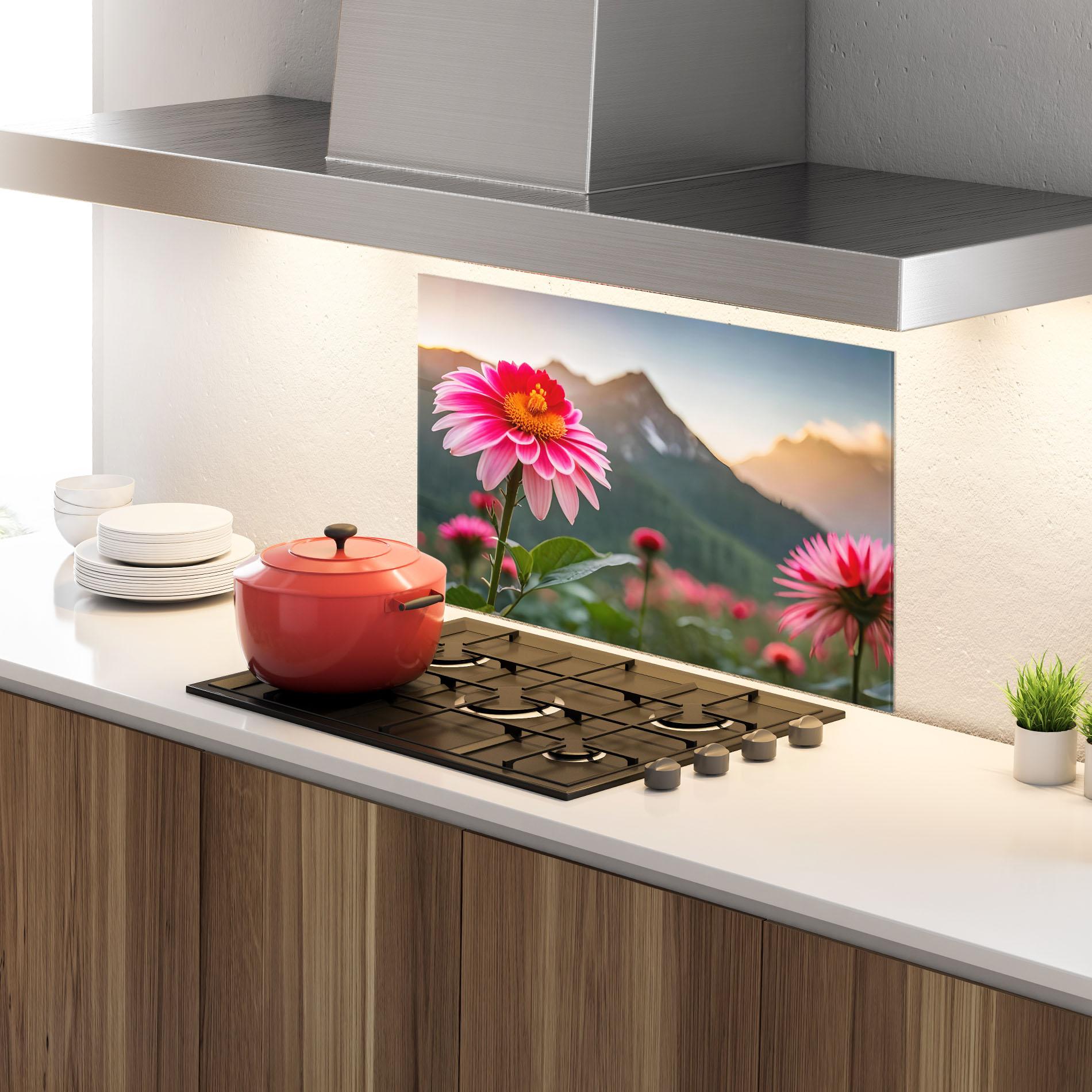 Panou Sticla Bucatarie Mountain Pink Flower mockup 4