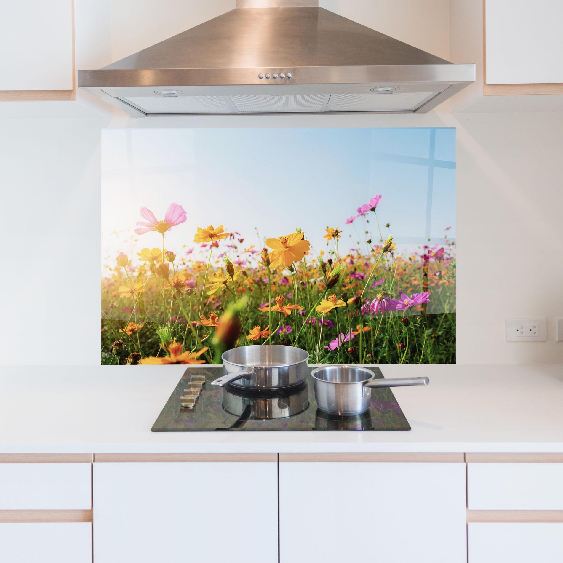 Panou Sticla Bucatarie Cosmos Field Sunset mockup 5