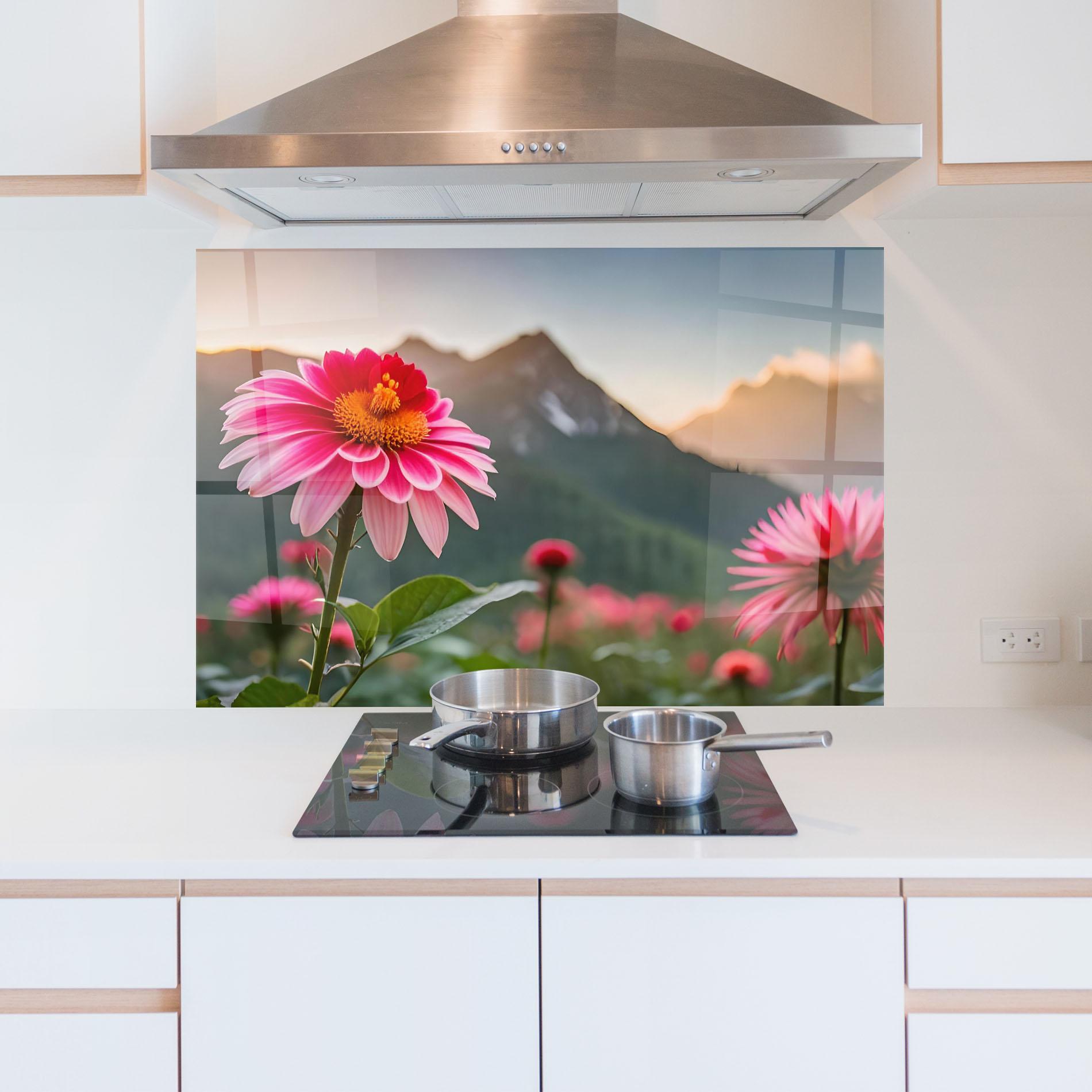 Panou Sticla Bucatarie Mountain Pink Flower mockup 5