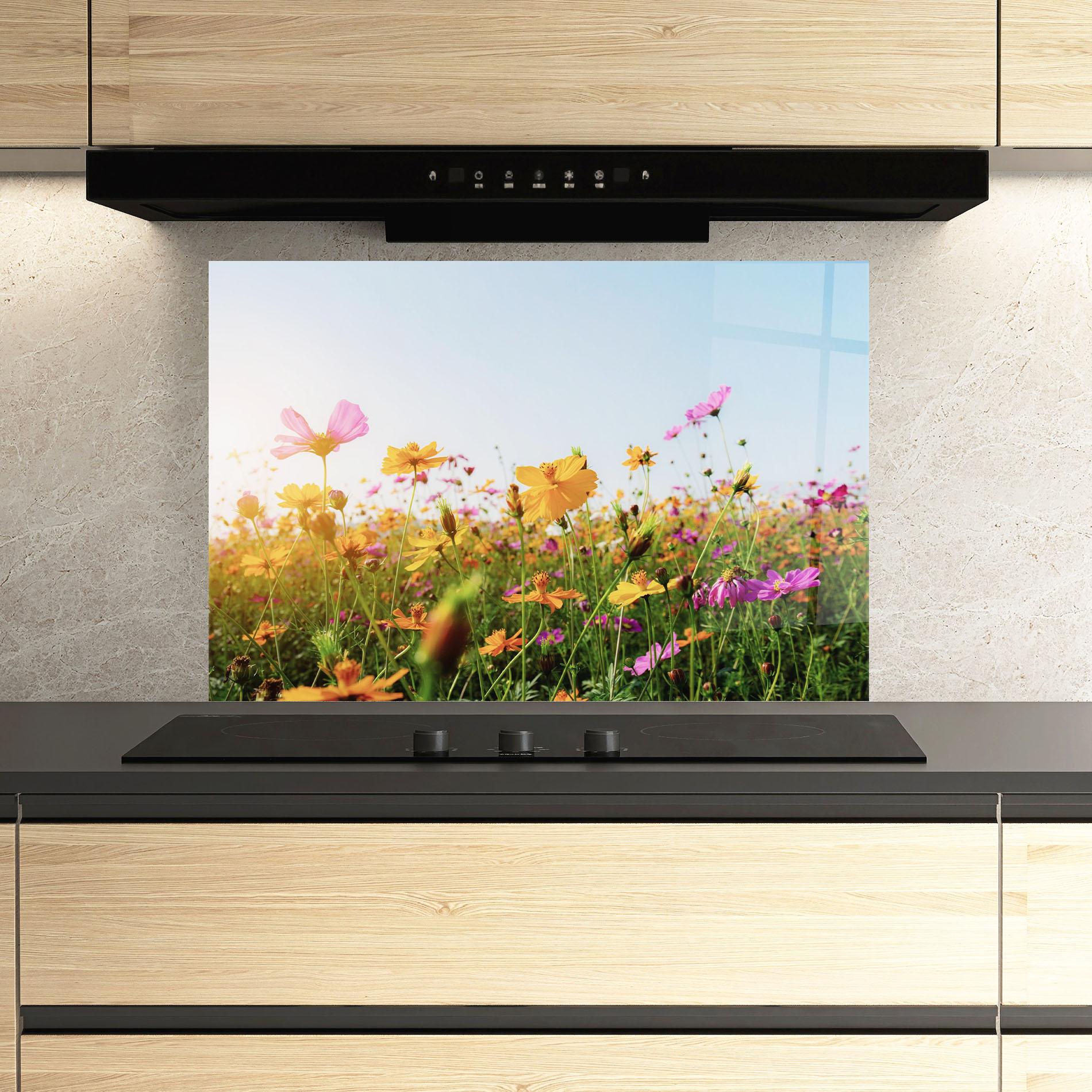 Panou Sticla Bucatarie Cosmos Field Sunset mockup 3