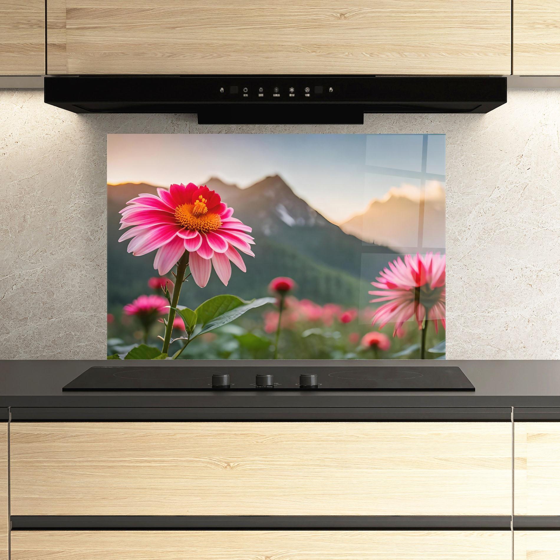 Panou Sticla Bucatarie Mountain Pink Flower mockup 3