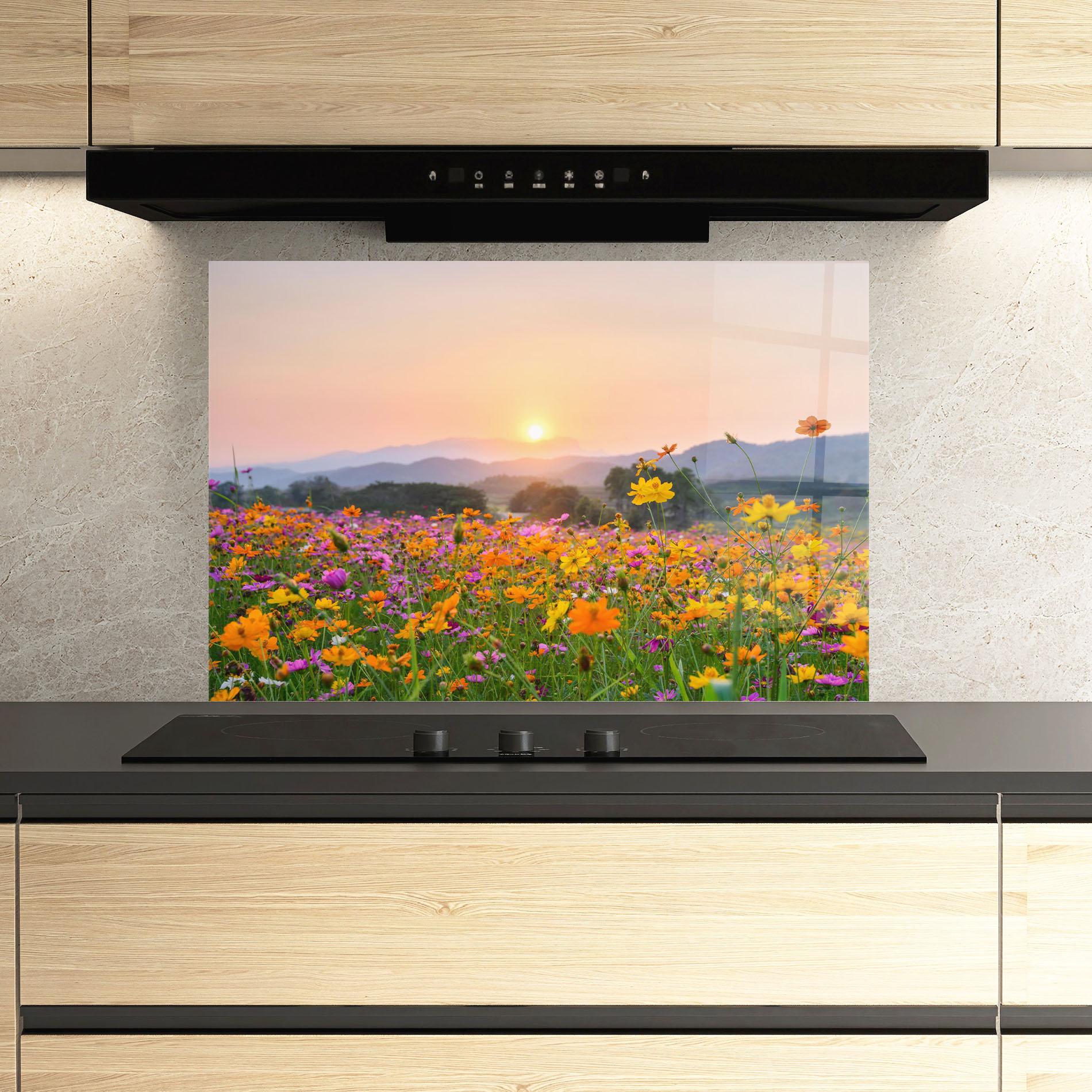 Panou Sticla Bucatarie Sunset Mountain Flowerf mockup 3