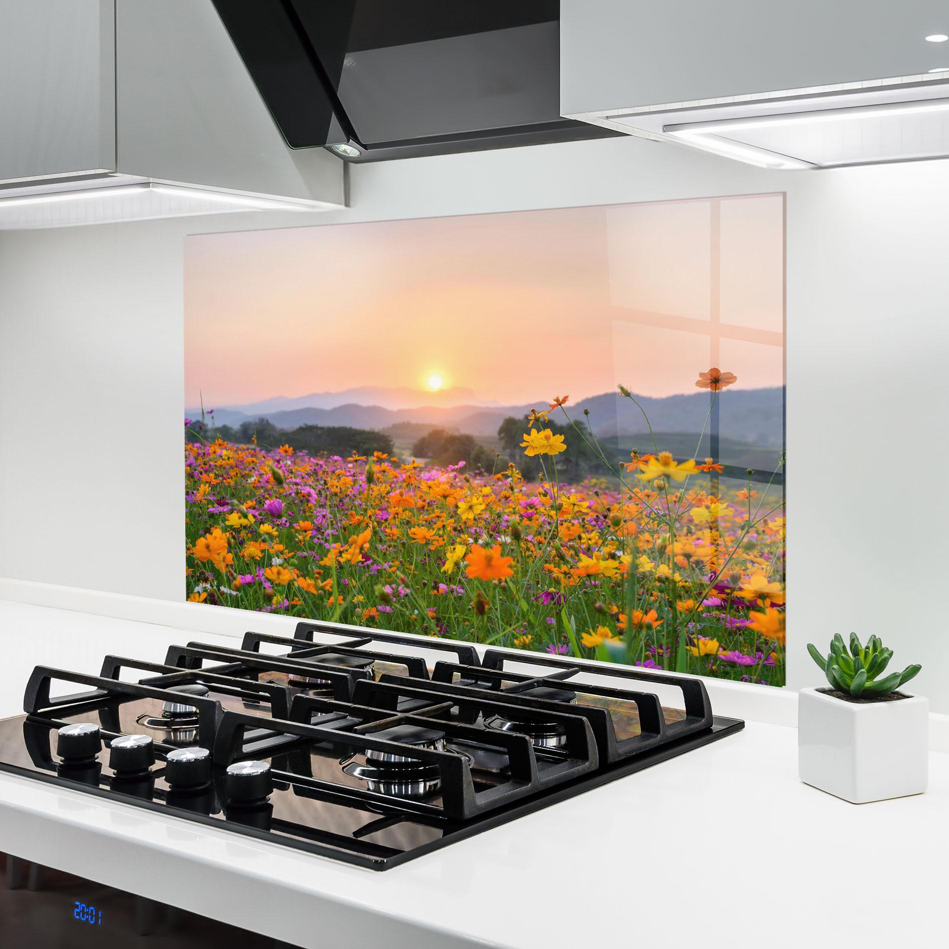 Panou Sticla Bucatarie Sunset Mountain Flowerf mockup 6