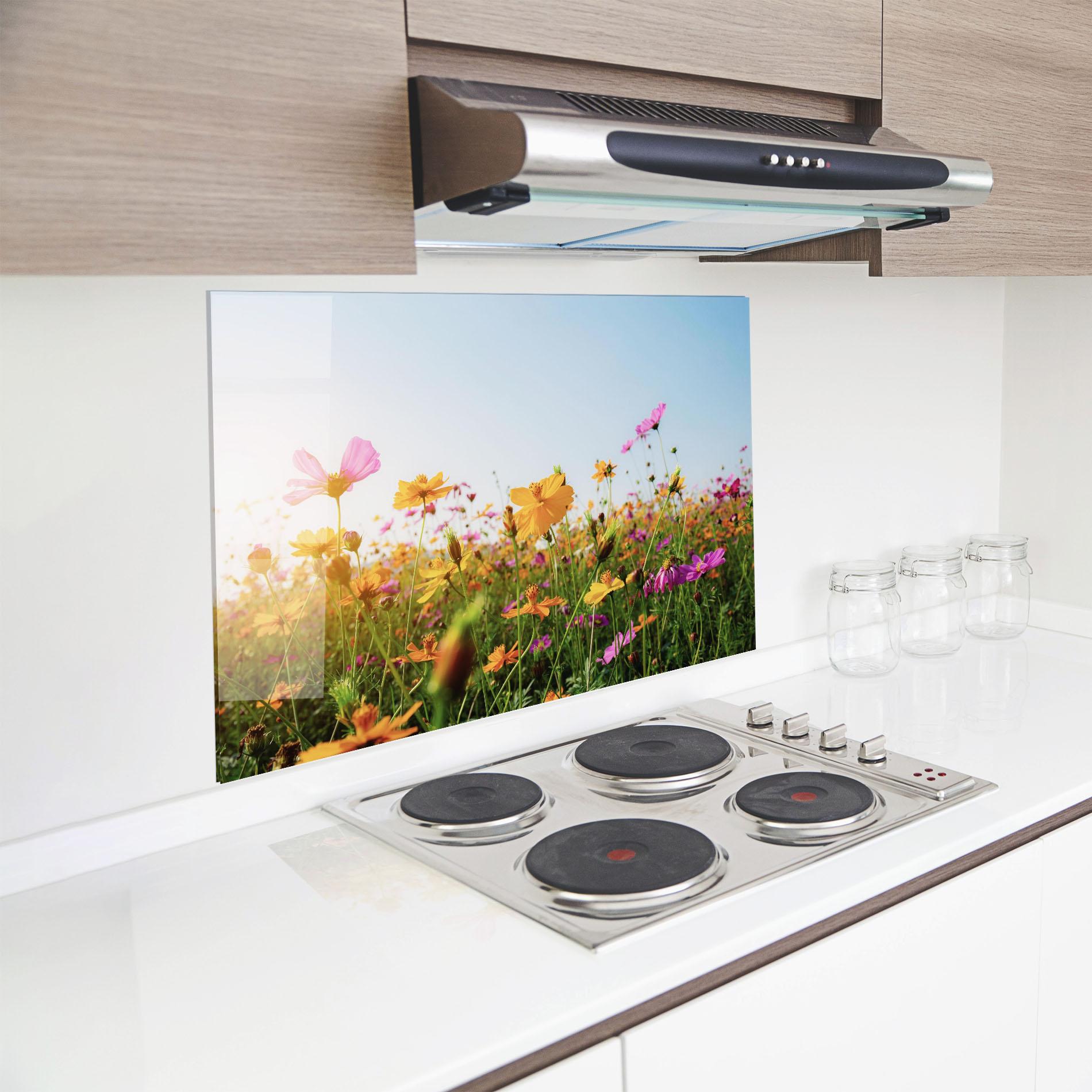 Panou Sticla Bucatarie Cosmos Field Sunset mockup 8