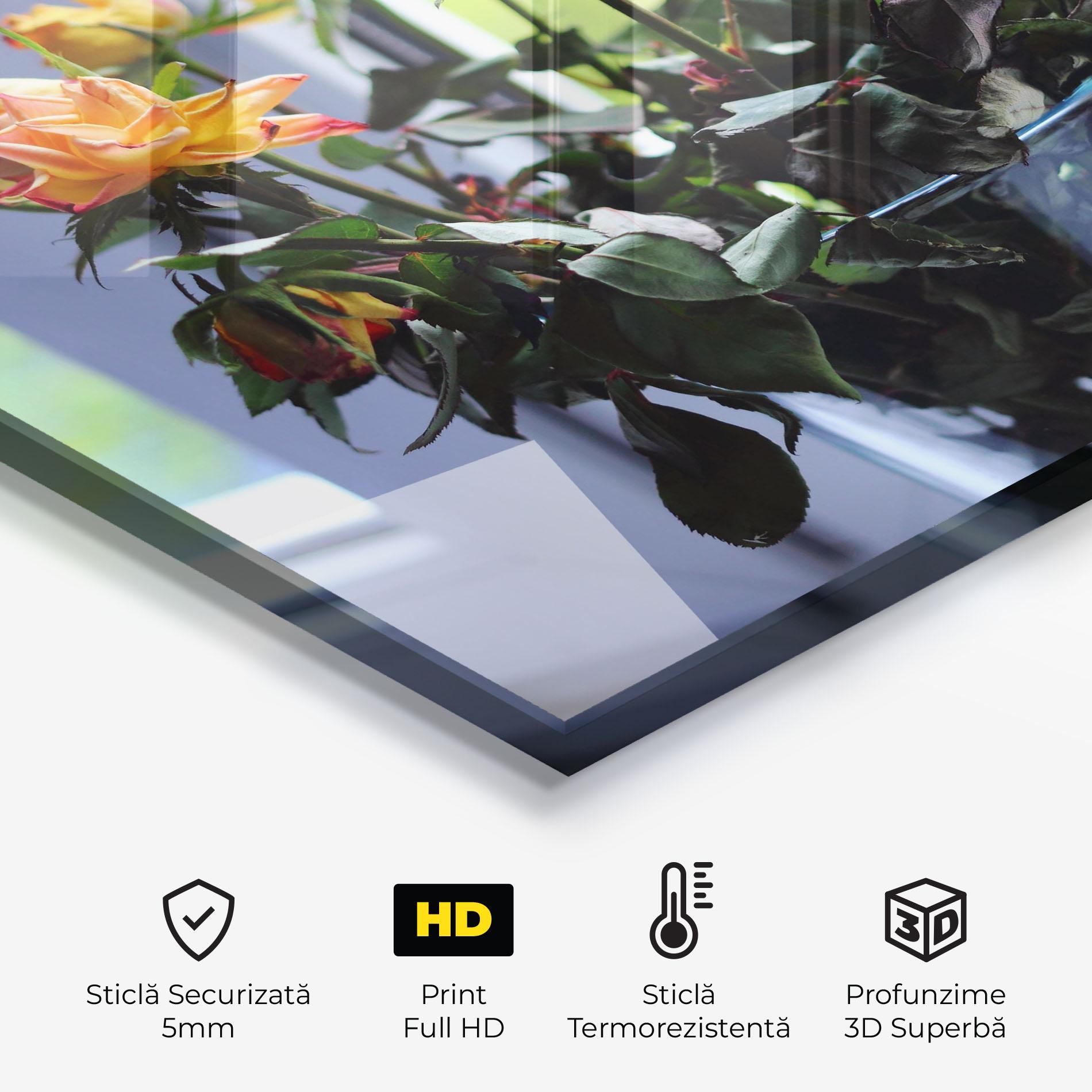 Panou Sticla Bucatarie Red Yellow Rose Vase mockup 2