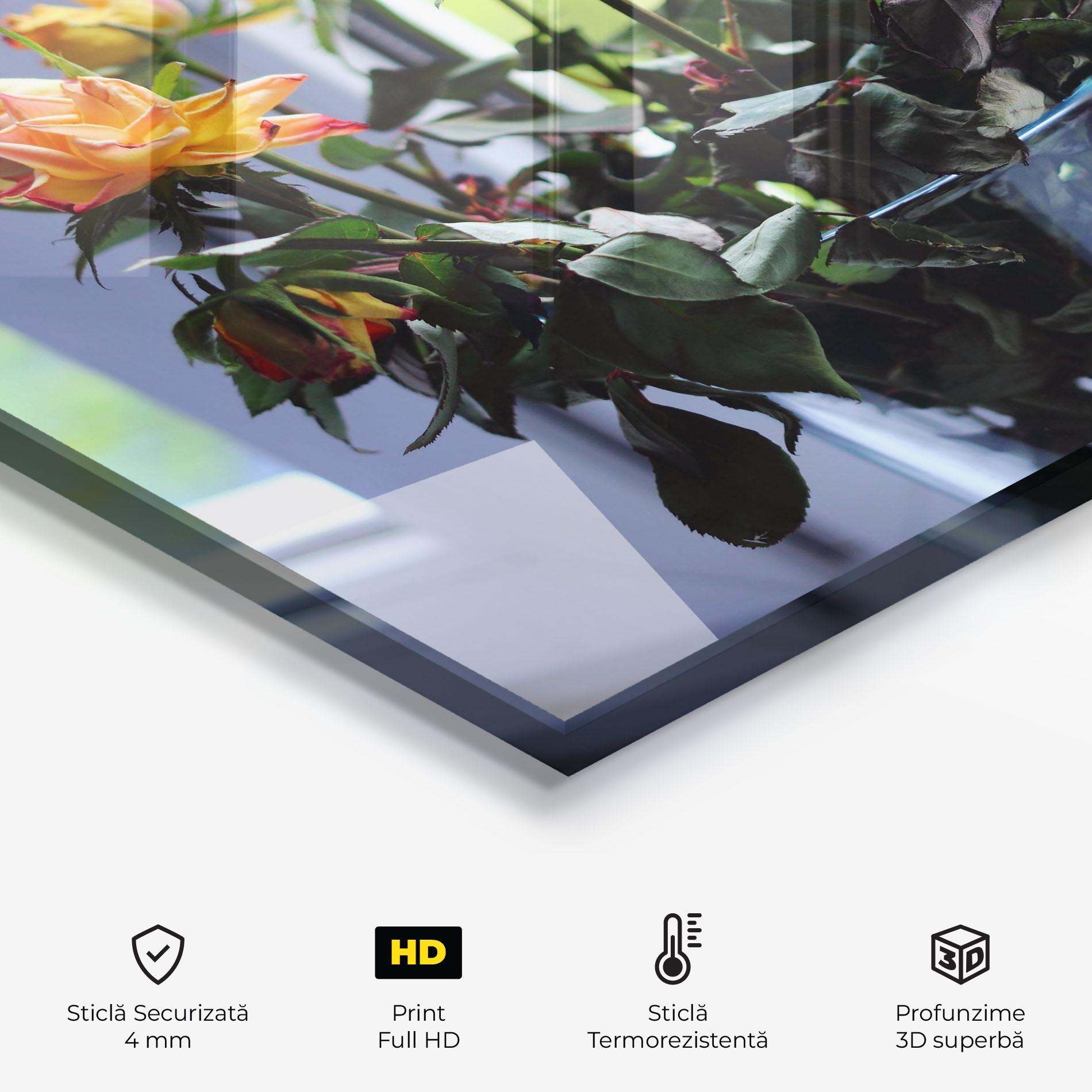 Panou Sticla Bucatarie Red Yellow Rose Vase mockup 2