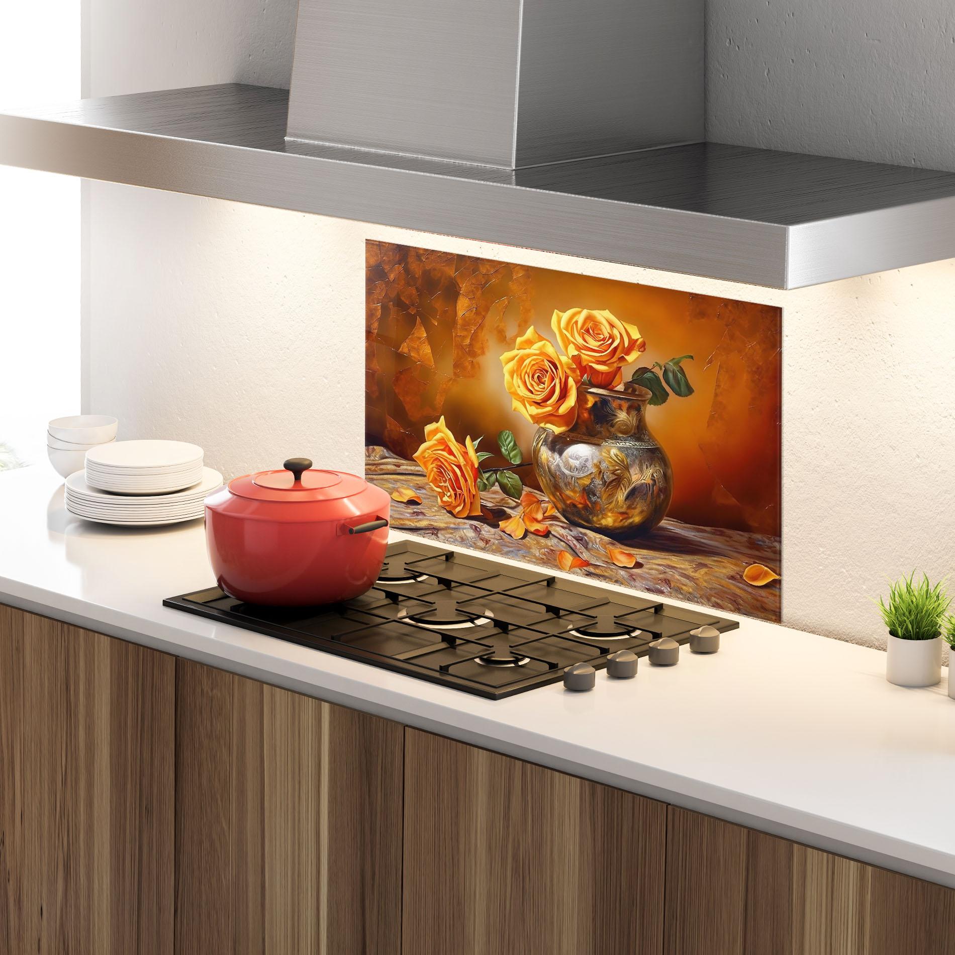 Panou Sticla Bucatarie Orange Roses Vase mockup 4