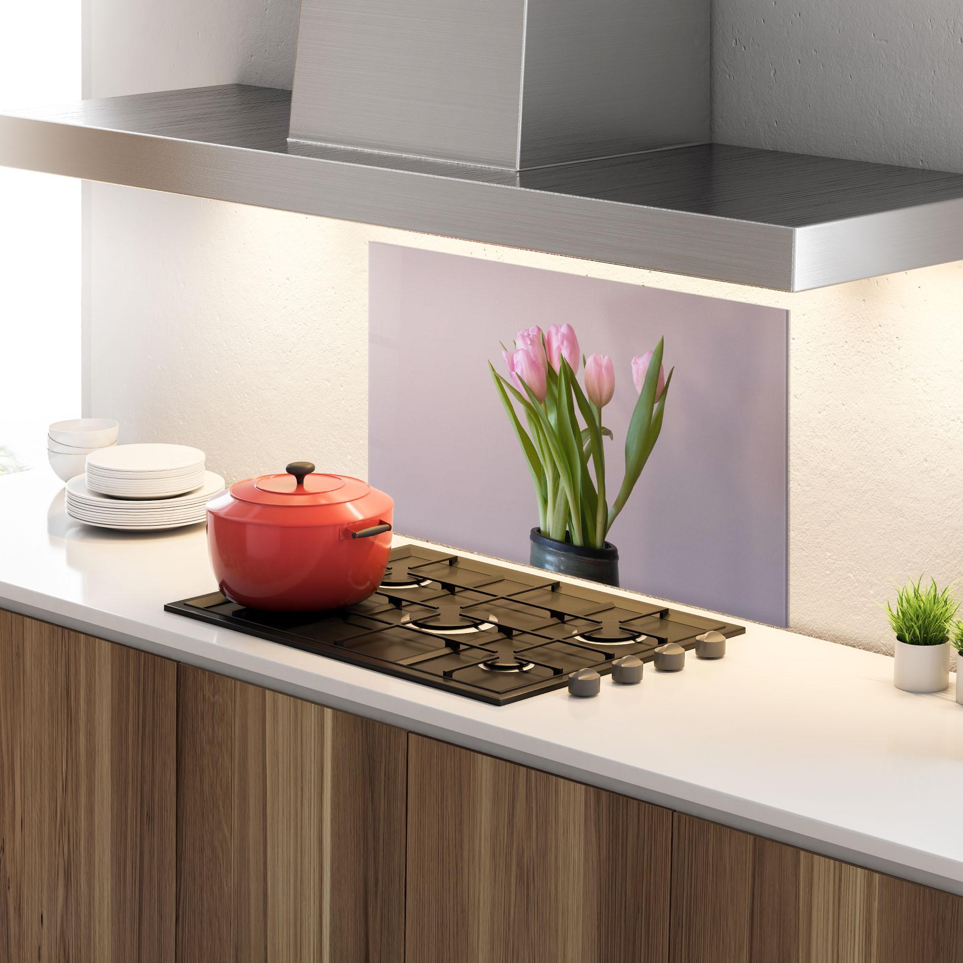 Panou Sticla Bucatarie Pink Tulips Vase mockup 4