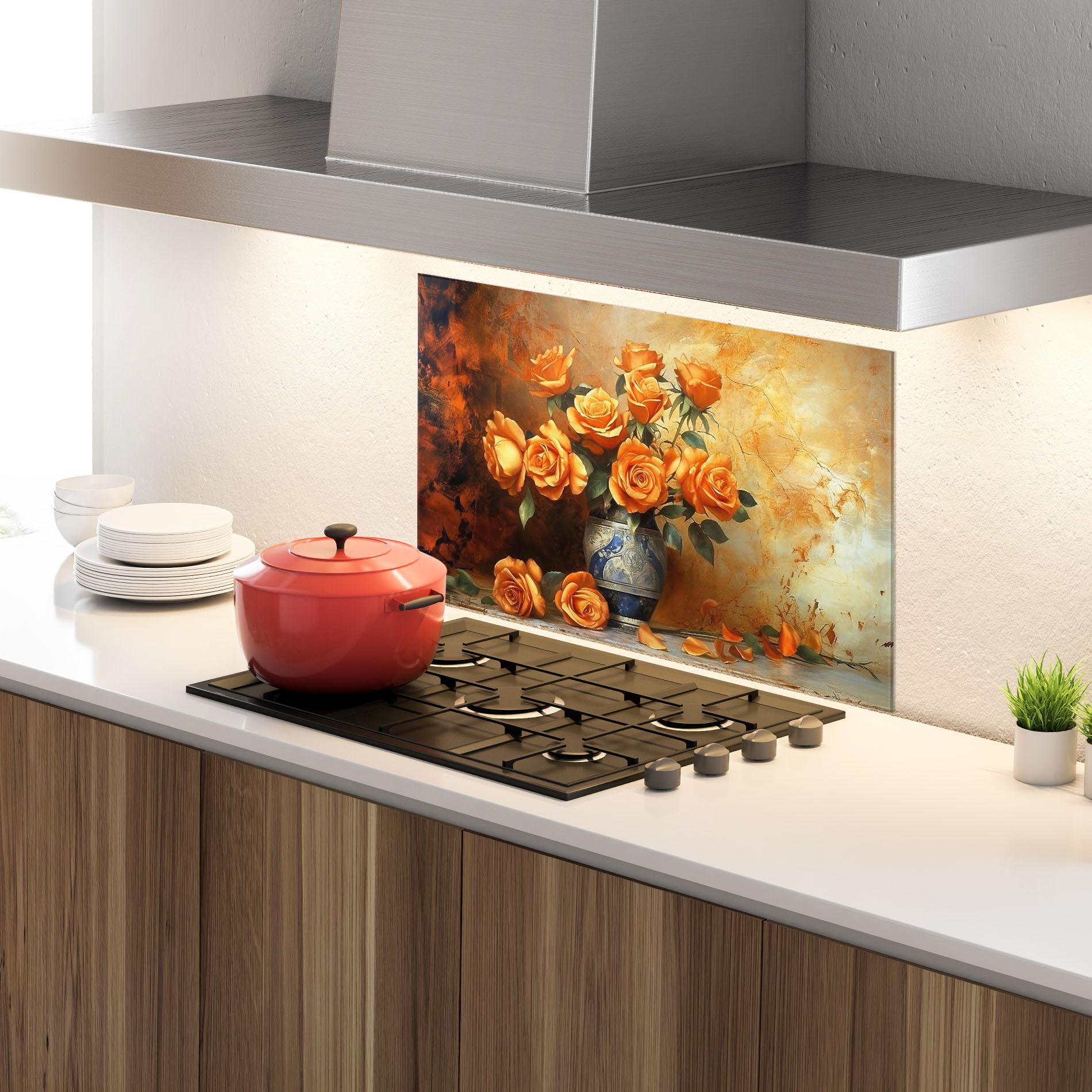 Panou Sticla Bucatarie Pretty Orange Rose Vase mockup 4