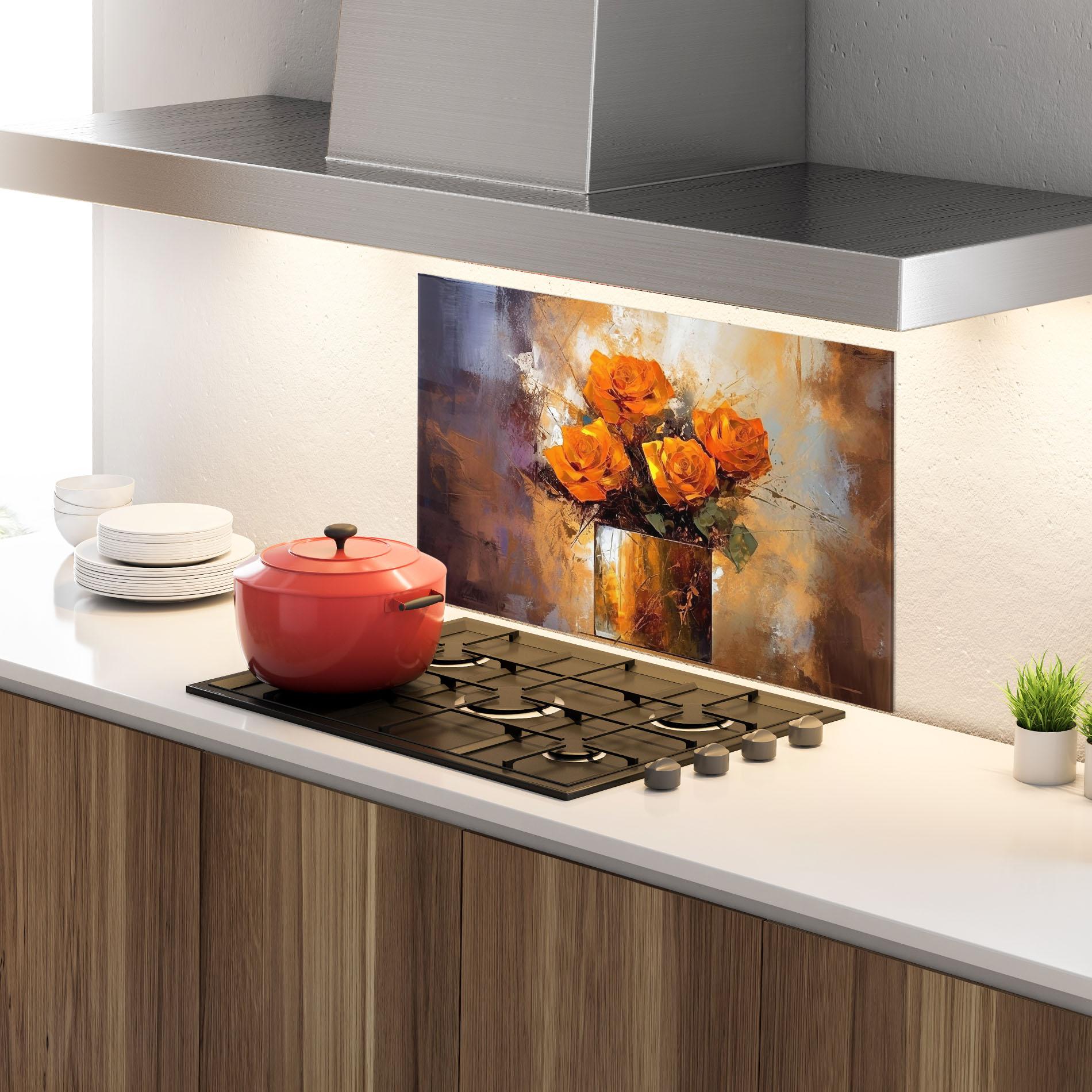 Panou Sticla Bucatarie Vase Orange Rose mockup 4