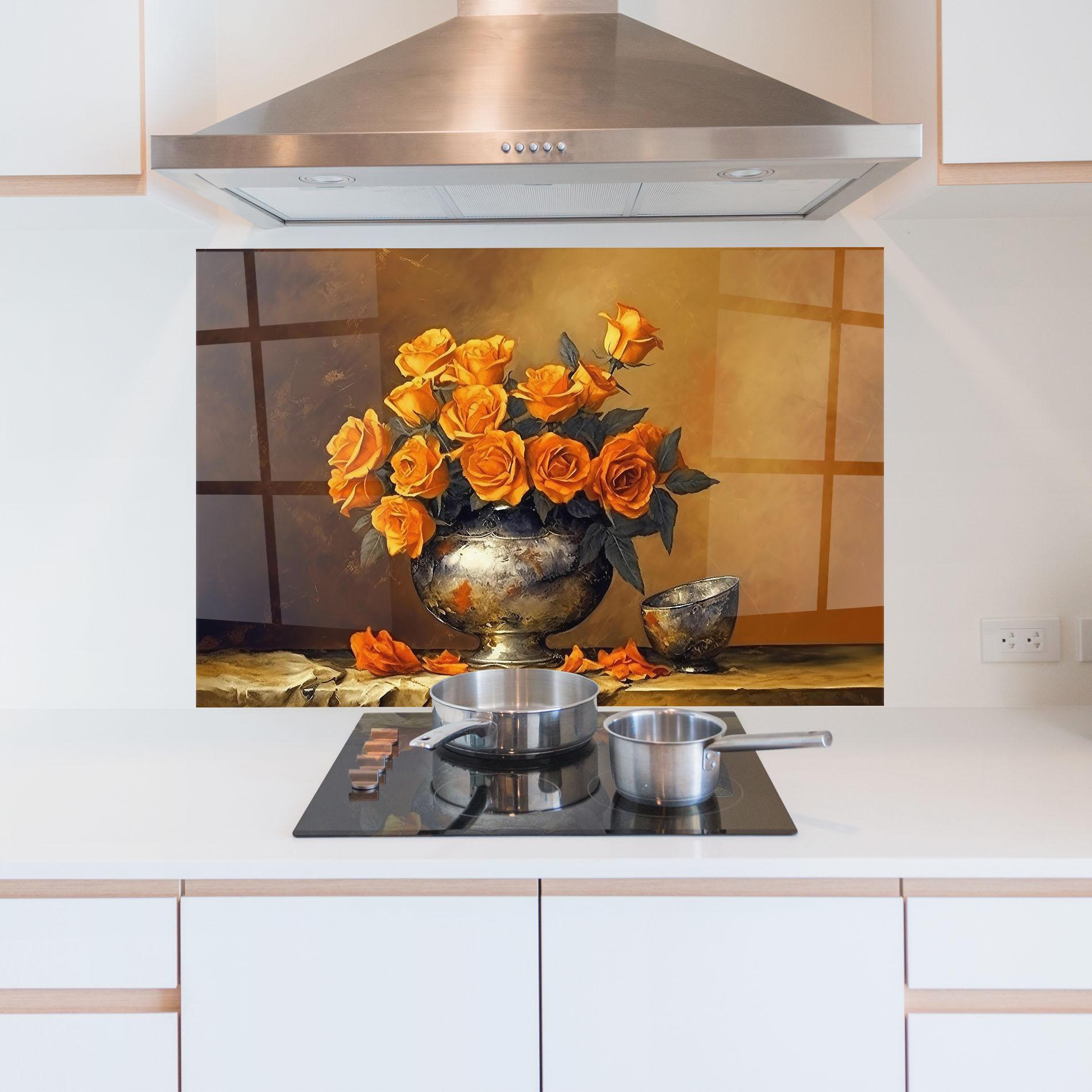 Panou Sticla Bucatarie Orange Rose Vase mockup 5