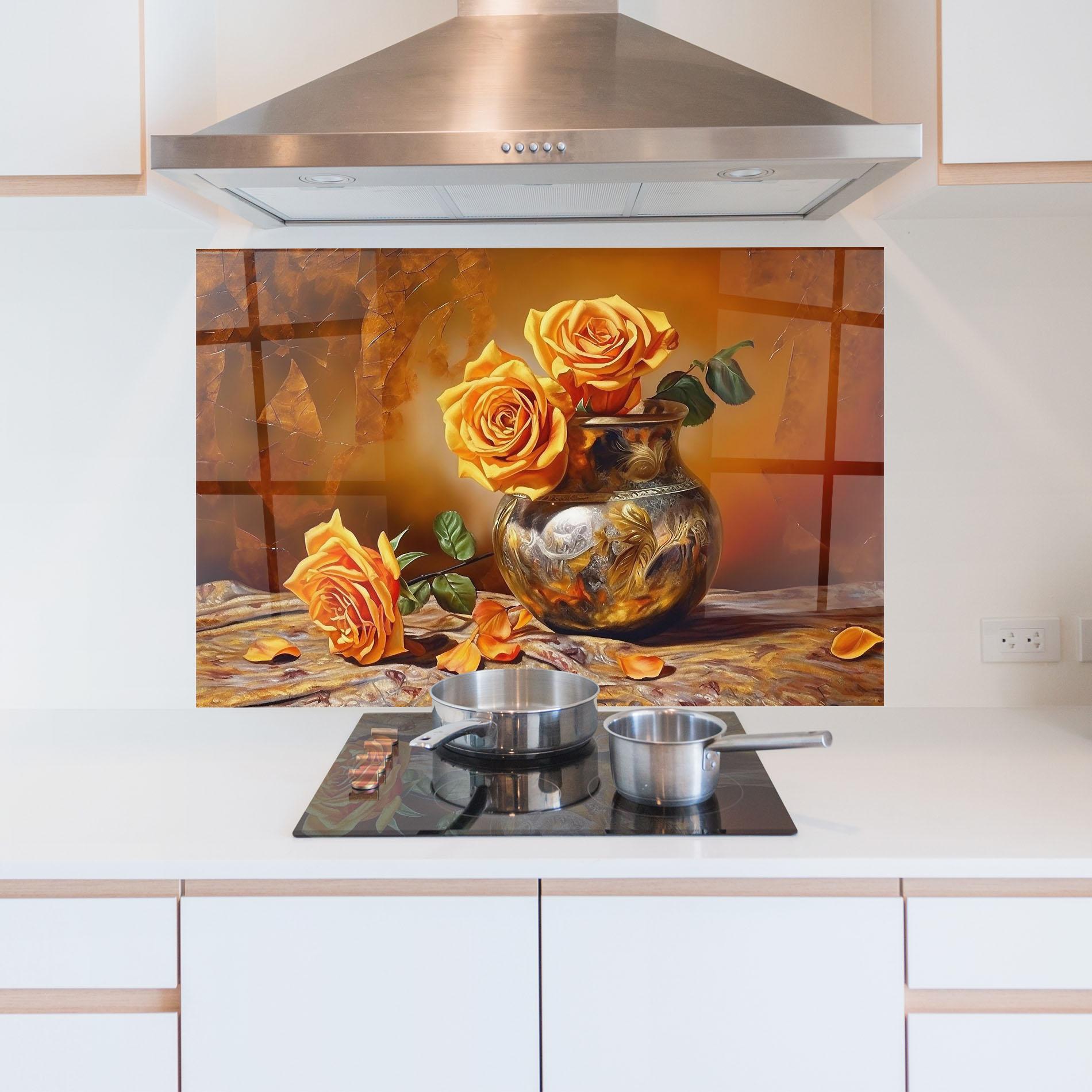 Panou Sticla Bucatarie Orange Roses Vase mockup 5