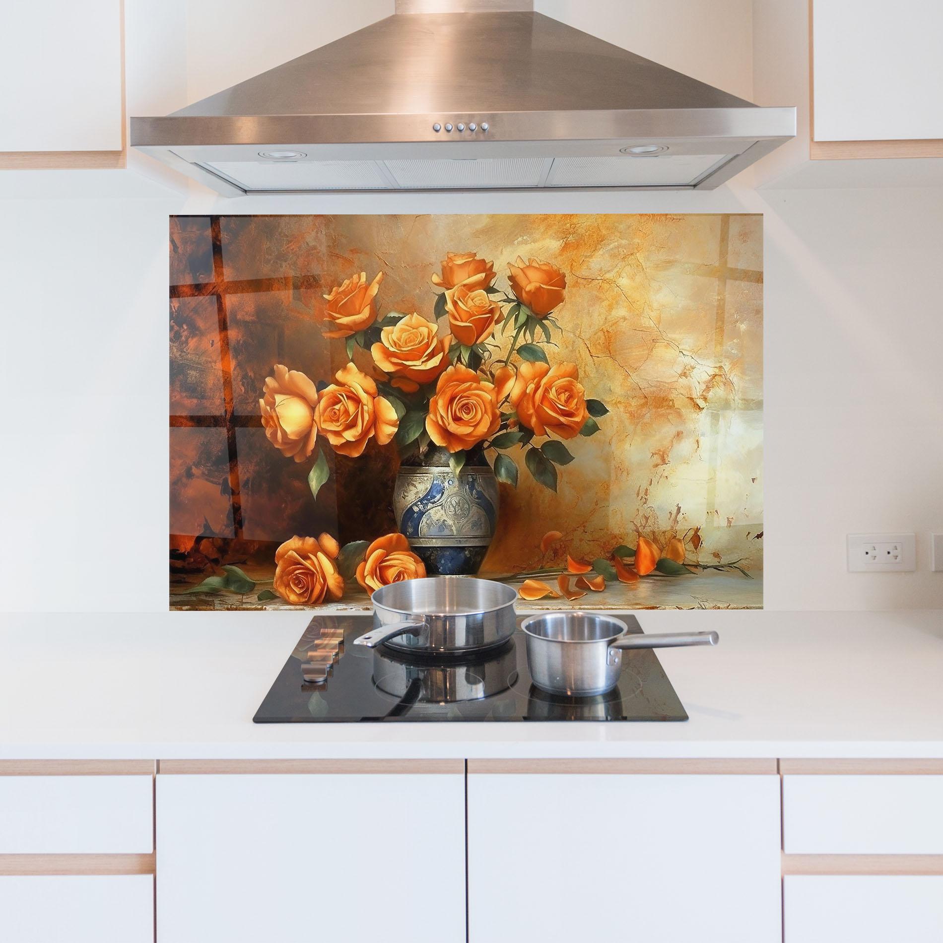 Panou Sticla Bucatarie Pretty Orange Rose Vase mockup 5