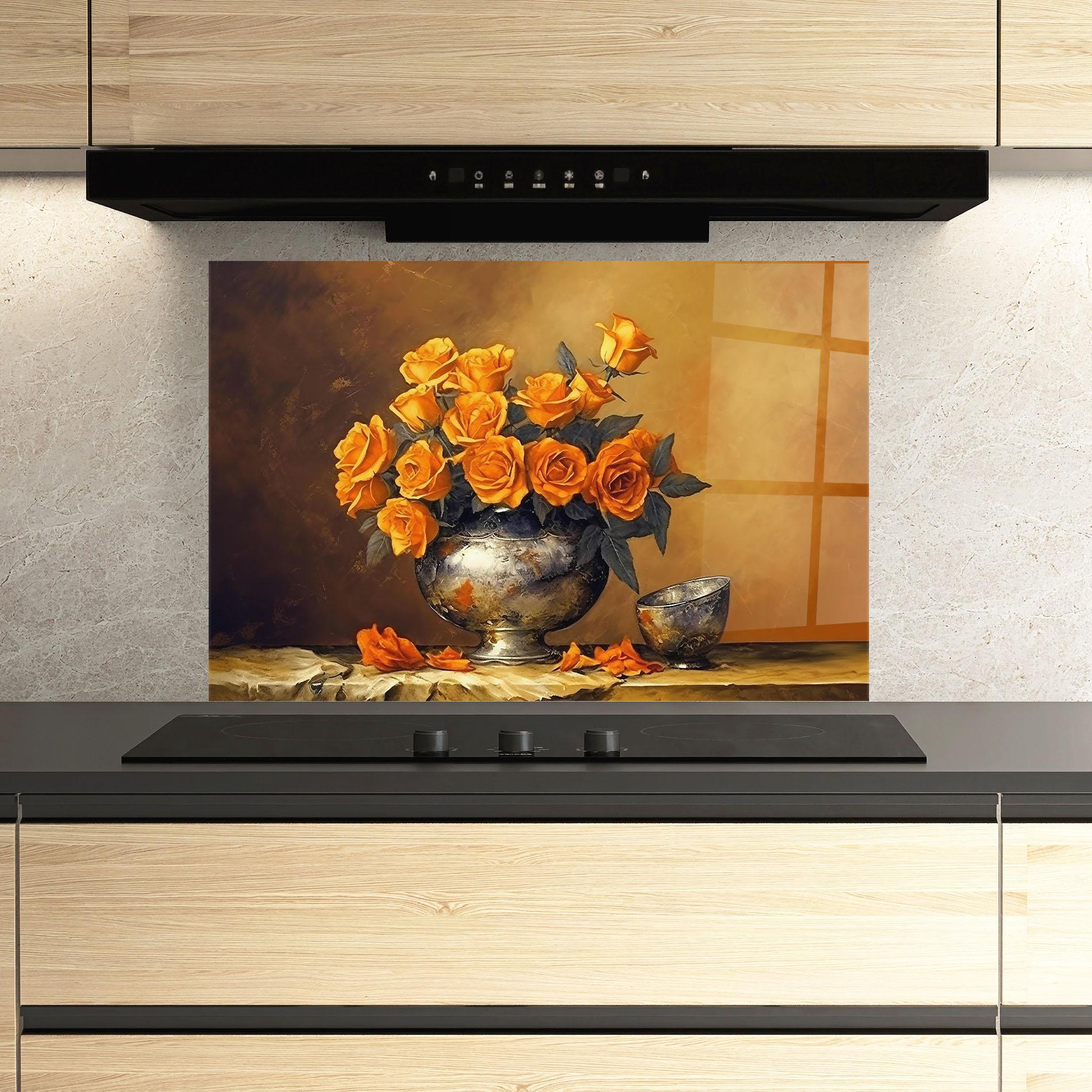 Panou Sticla Bucatarie Orange Rose Vase mockup 3