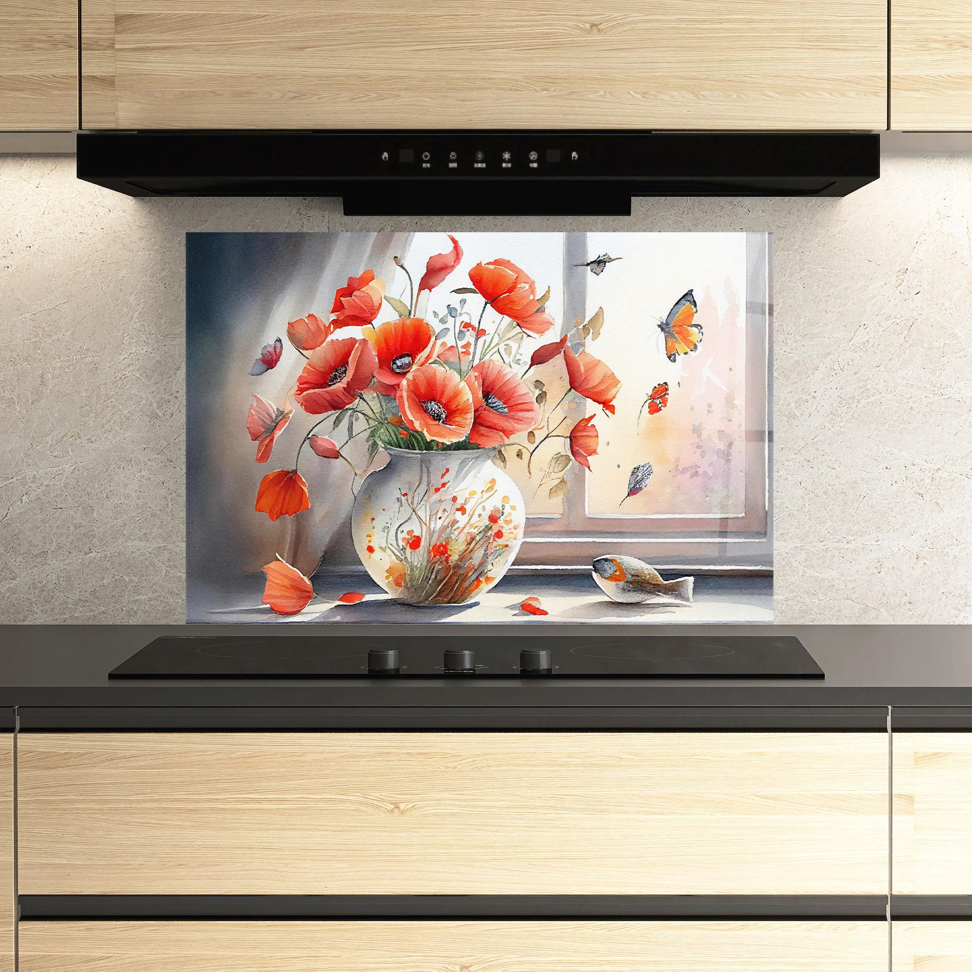 Panou Sticla Bucatarie Poppies Vase mockup 3