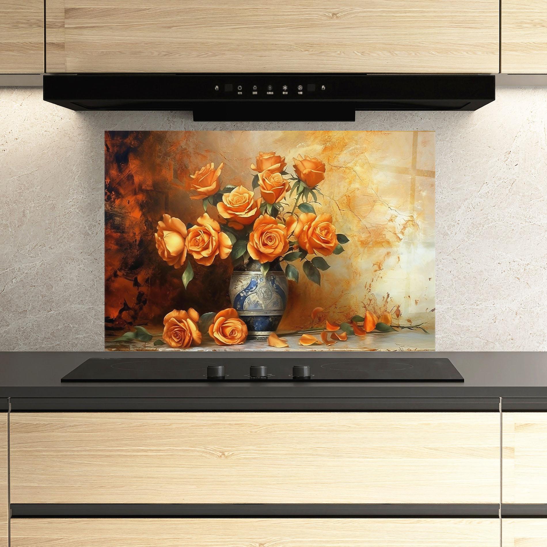 Panou Sticla Bucatarie Pretty Orange Rose Vase mockup 3