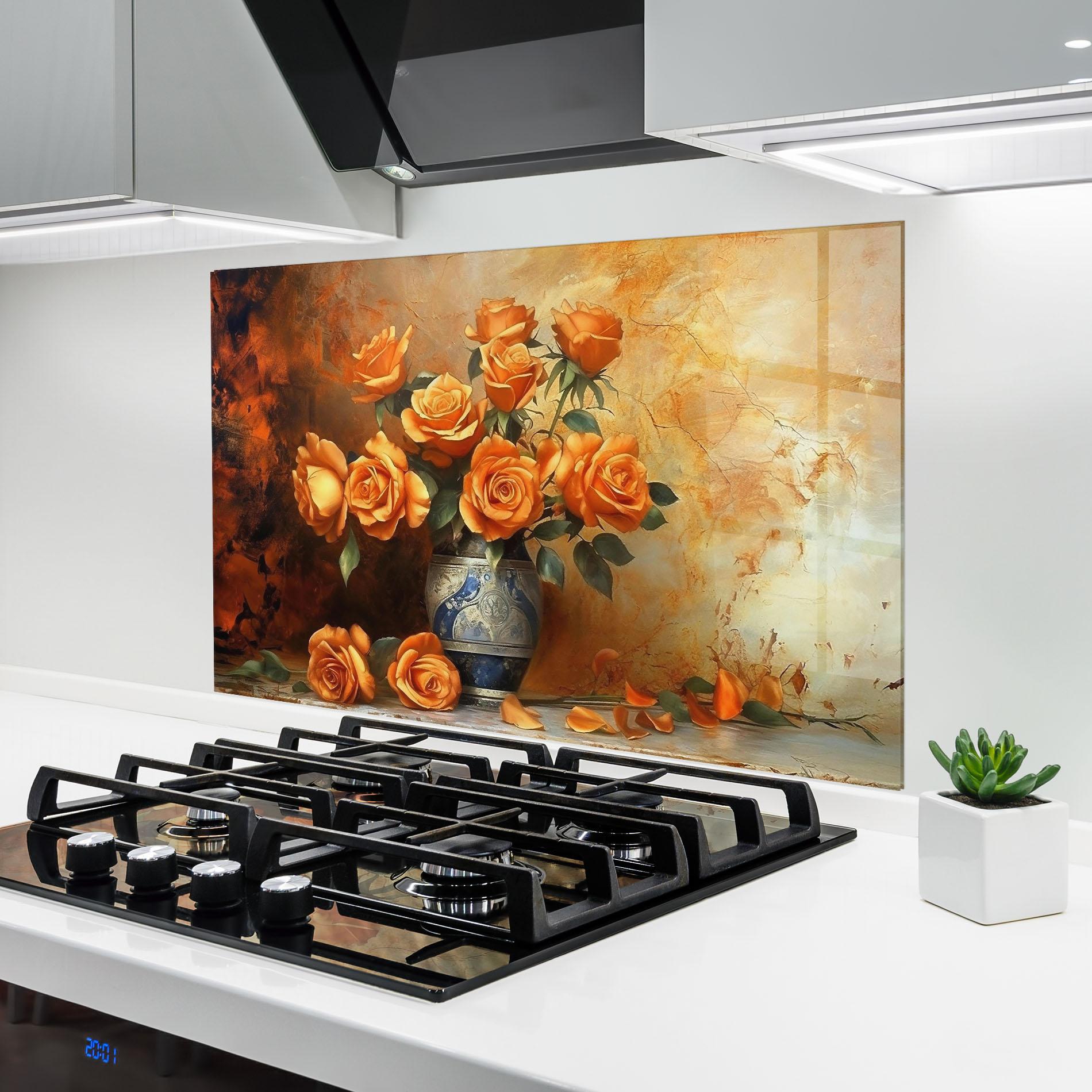 Panou Sticla Bucatarie Pretty Orange Rose Vase mockup 6