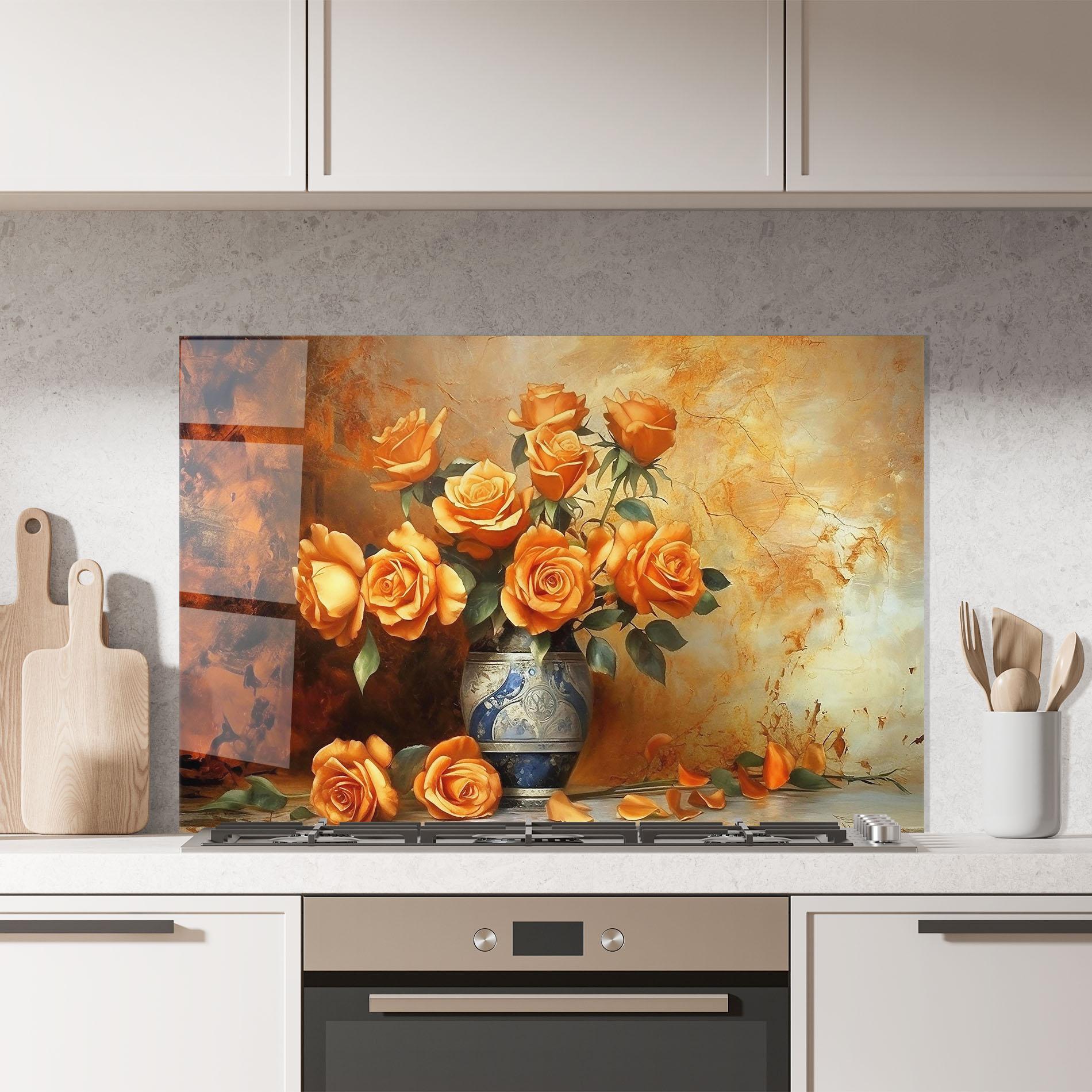 Panou Sticla Bucatarie Pretty Orange Rose Vase mockup 7