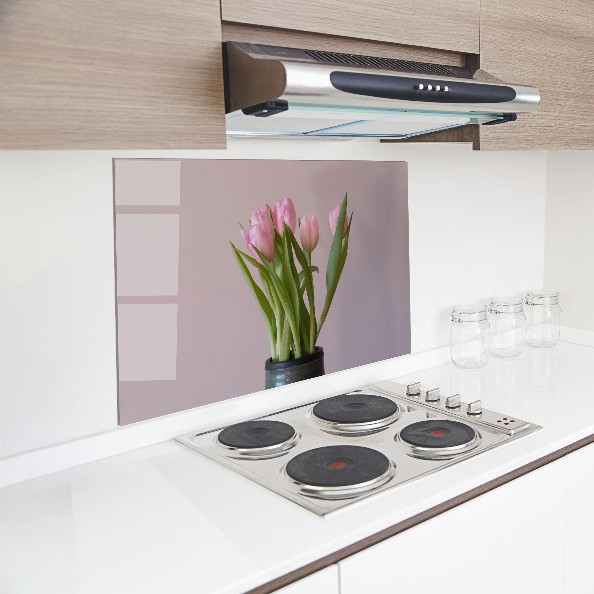 Panou Sticla Bucatarie Pink Tulips Vase mockup 8