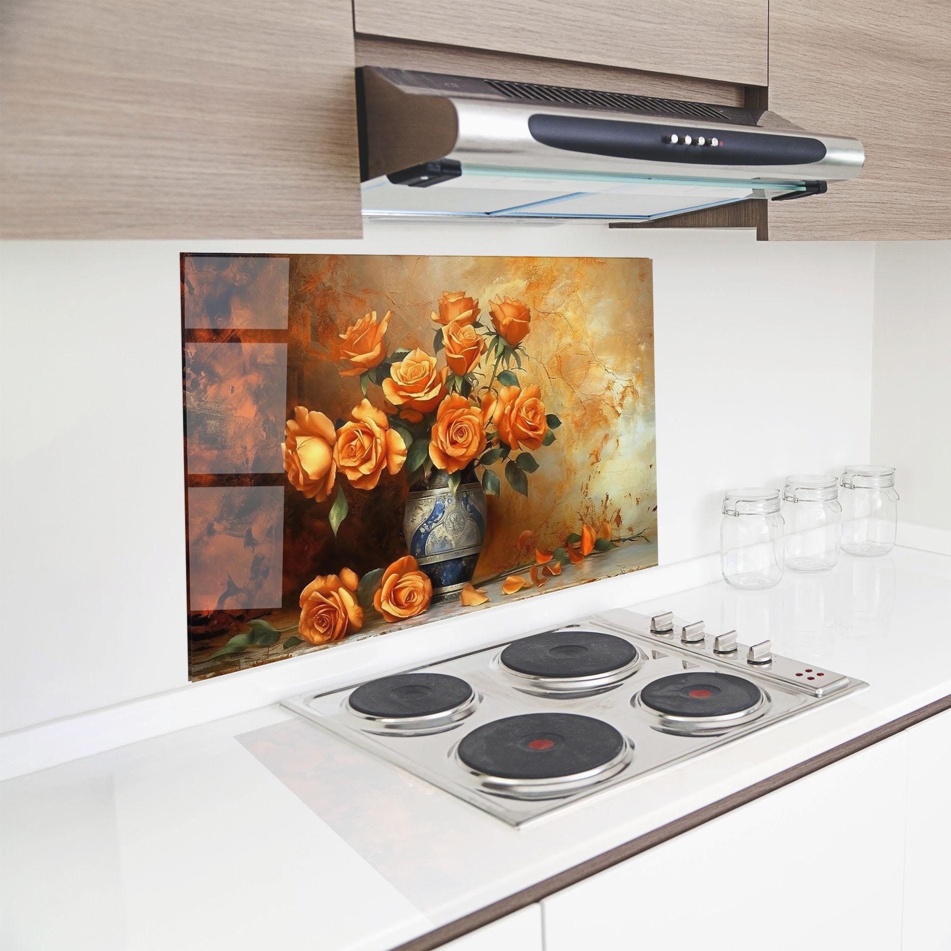 Panou Sticla Bucatarie Pretty Orange Rose Vase mockup 8