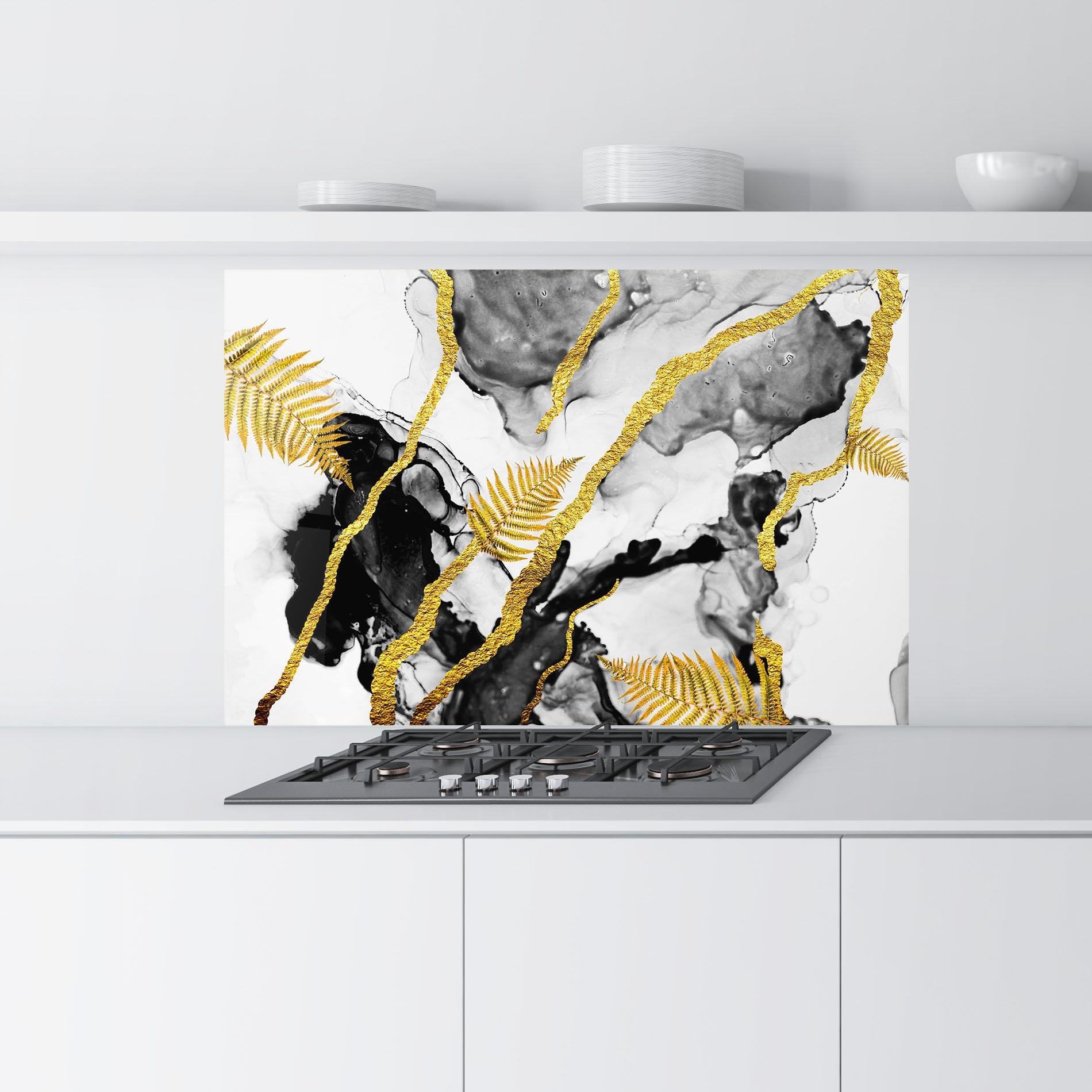 Panou Sticla Bucatarie Abstract Golden Leaves mockup 9