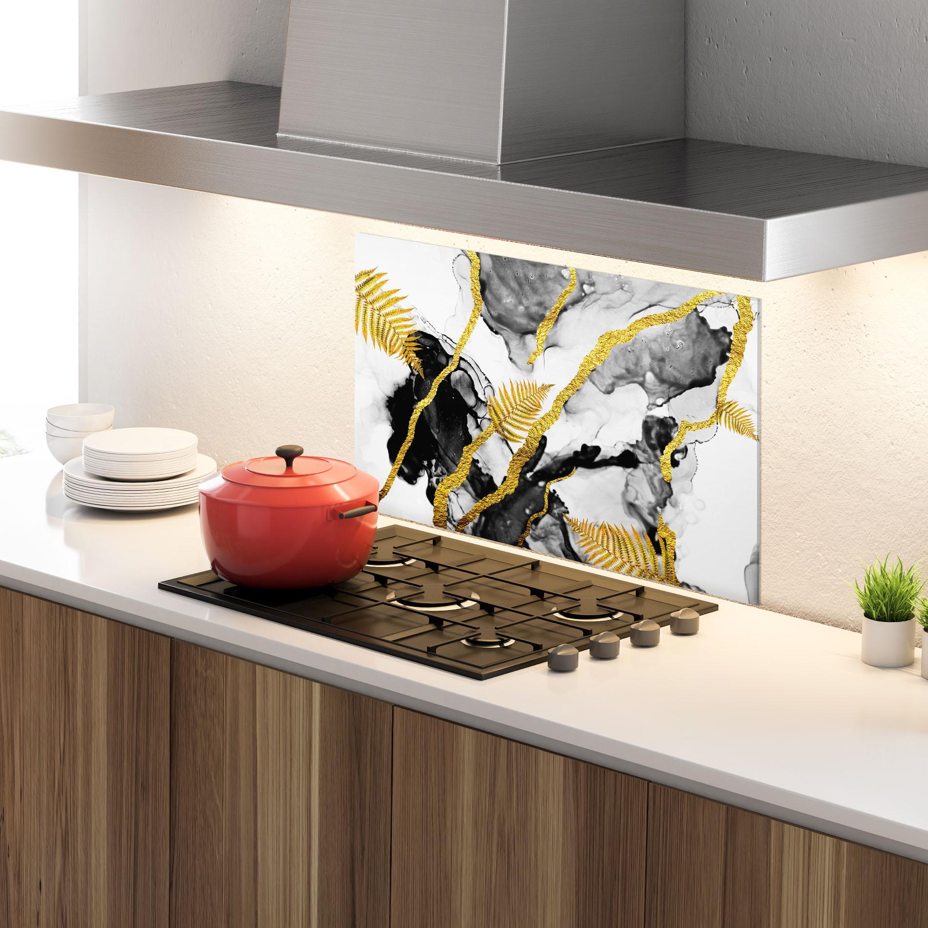 Panou Sticla Bucatarie Abstract Golden Leaves mockup 4