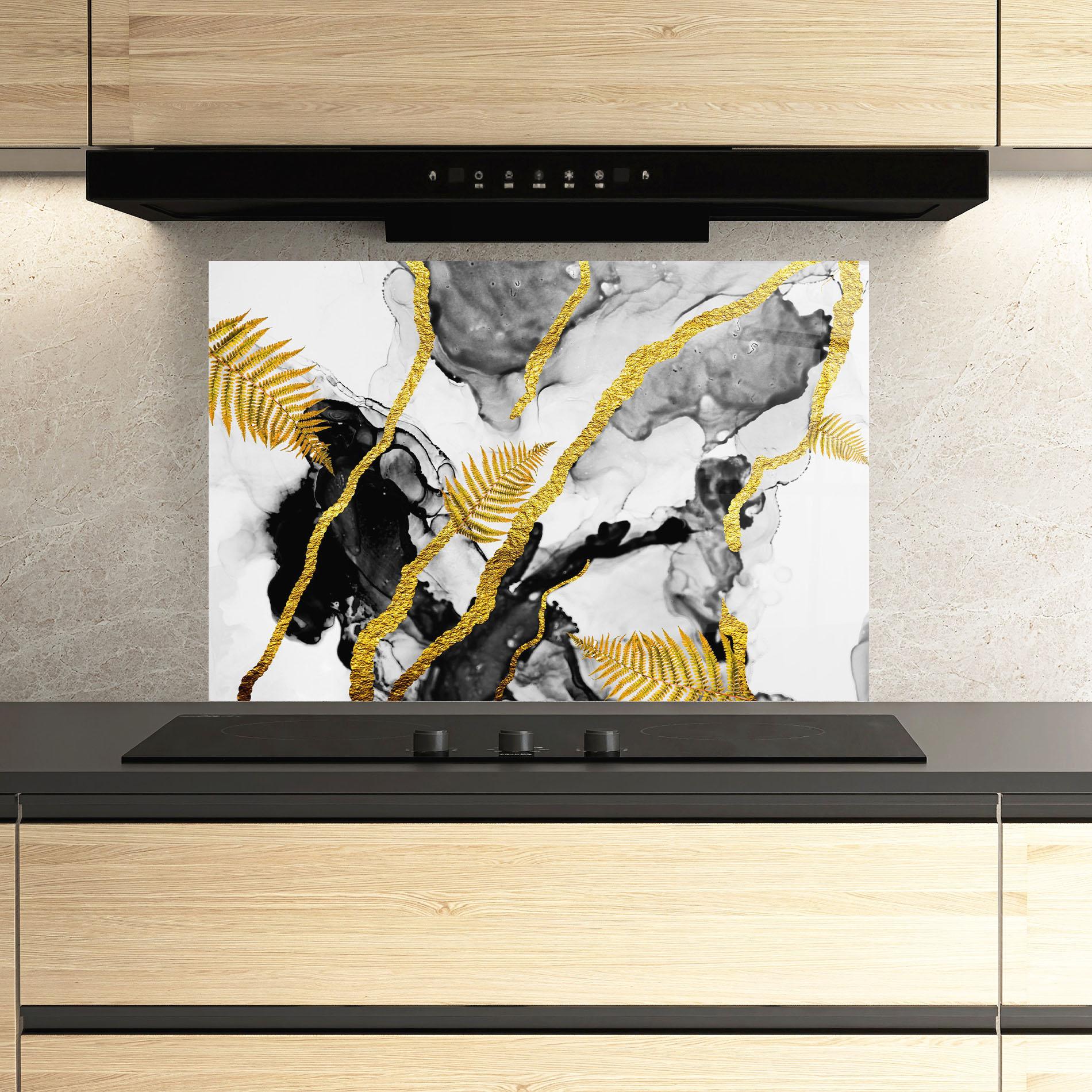 Panou Sticla Bucatarie Abstract Golden Leaves mockup 3