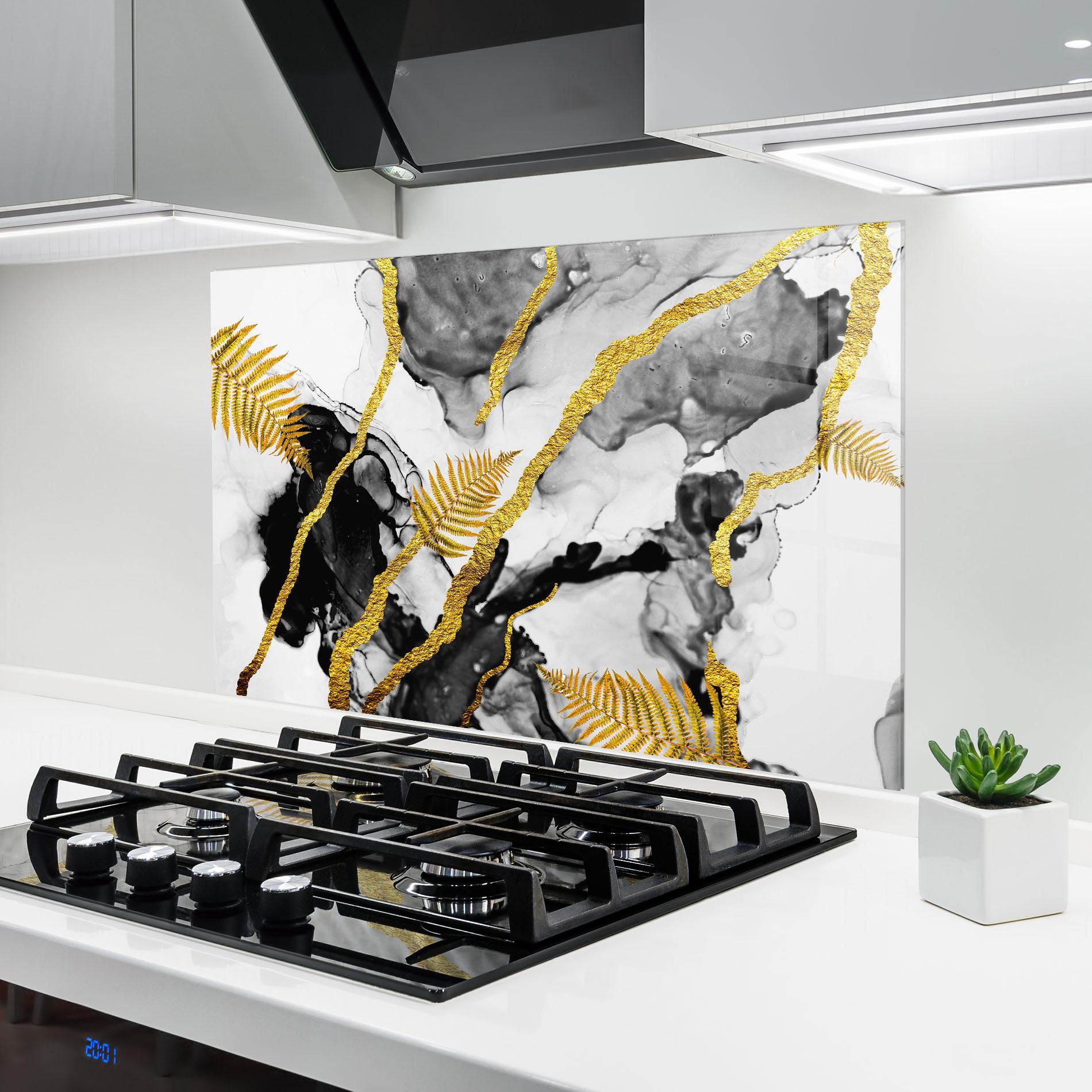 Panou Sticla Bucatarie Abstract Golden Leaves mockup 6