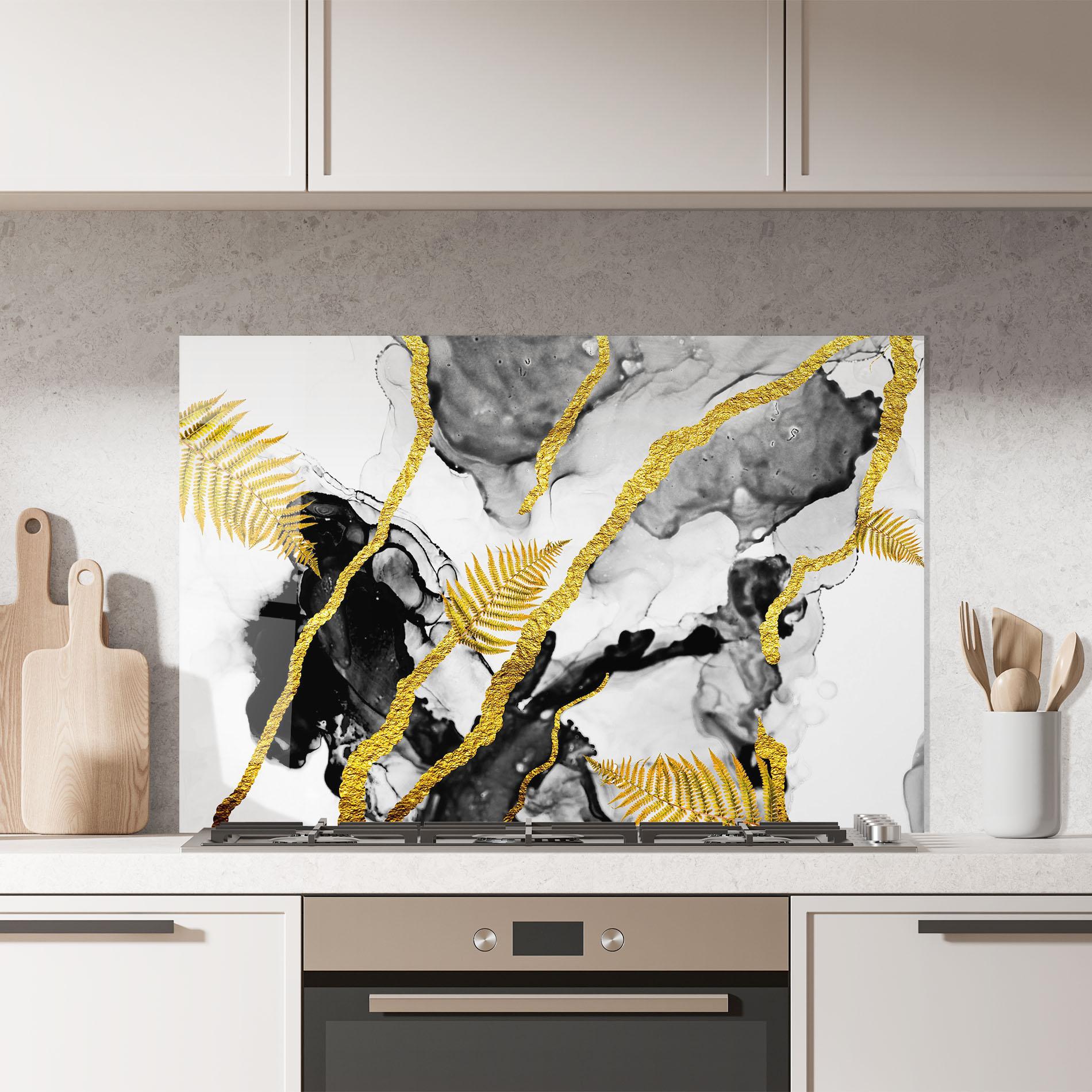 Panou Sticla Bucatarie Abstract Golden Leaves mockup 7