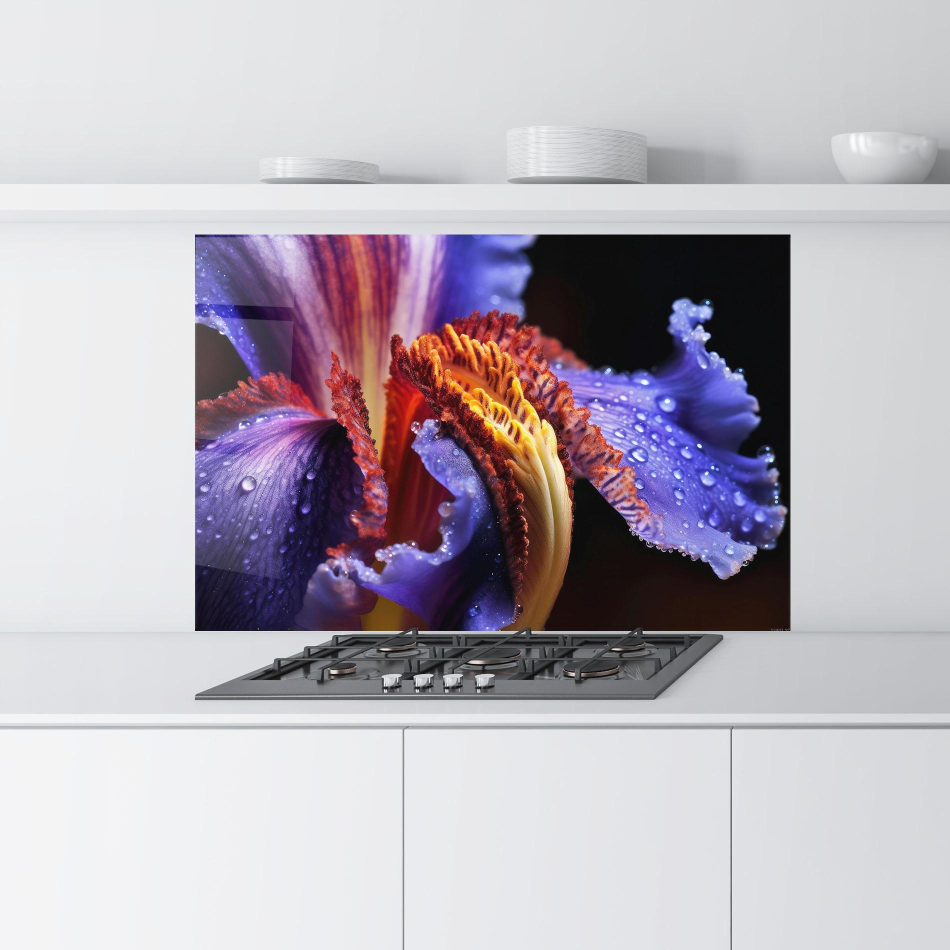 Panou Sticla Bucatarie Close Up Blue Iris After Rain mockup 9