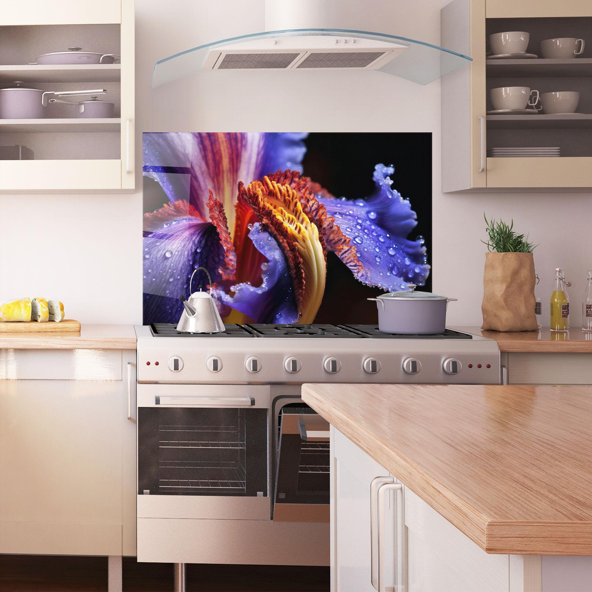 Panou Sticla Bucatarie Close Up Blue Iris After Rain mockup 1