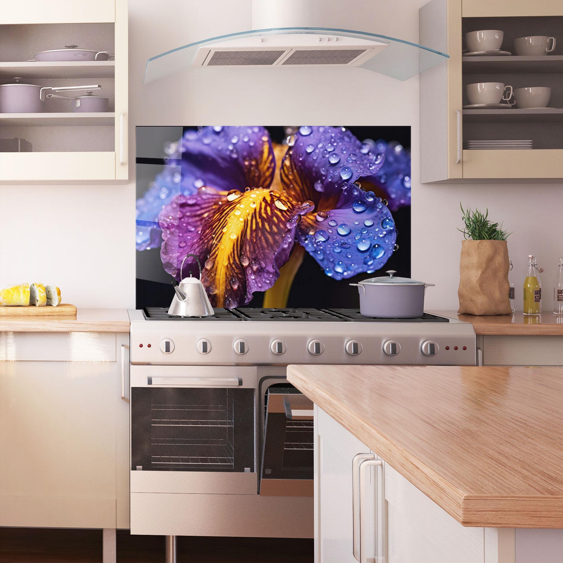Panou Sticla Bucatarie Close Up Iris After Rain mockup 1