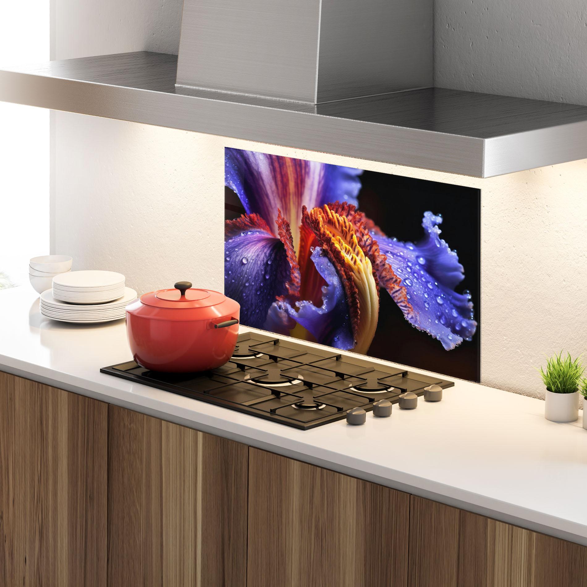 Panou Sticla Bucatarie Close Up Blue Iris After Rain mockup 4