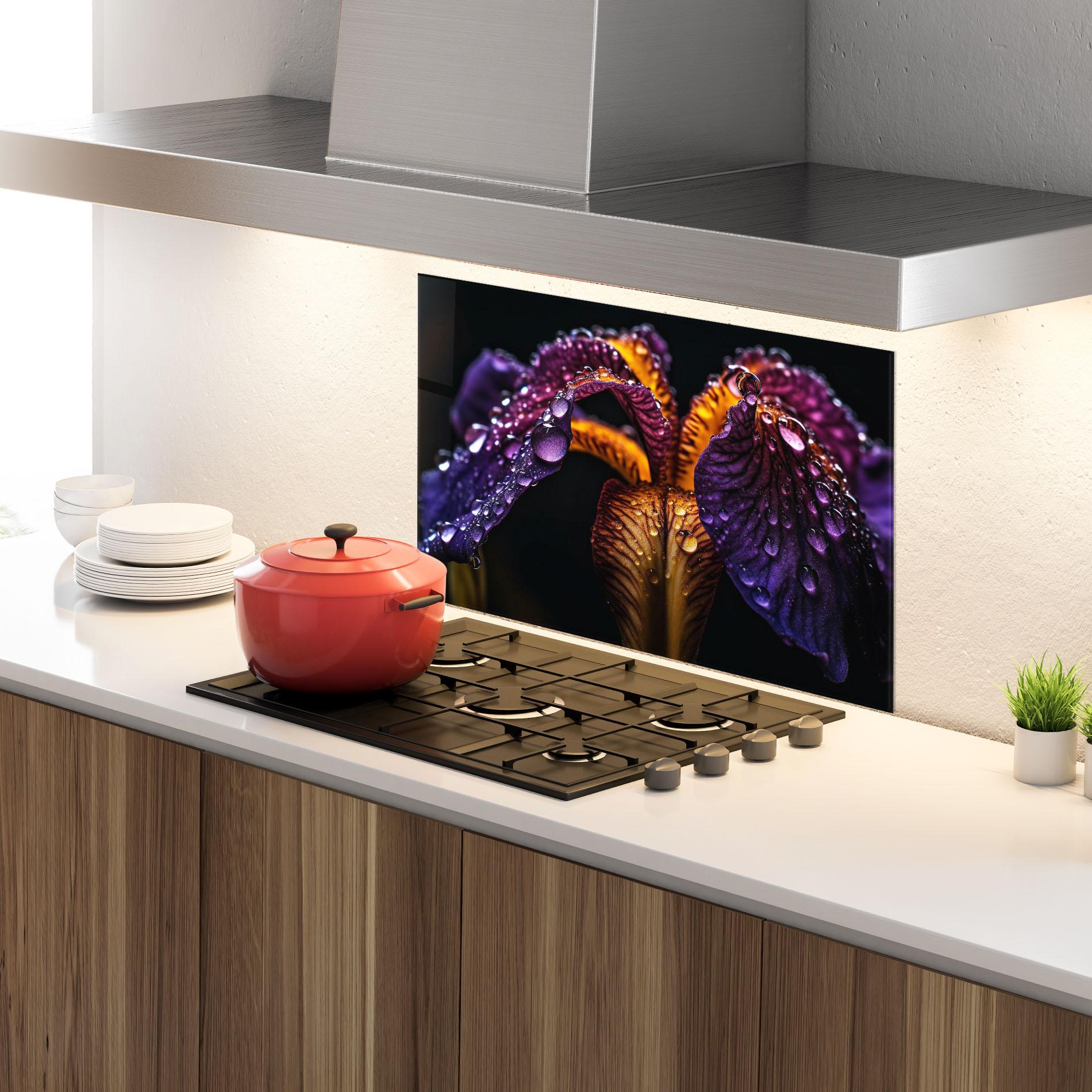 Panou Sticla Bucatarie Dark Iris After Rain mockup 4