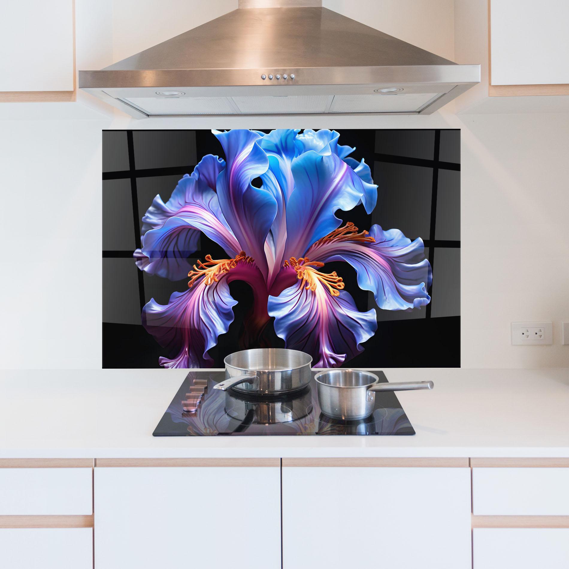 Panou Sticla Bucatarie Beautiful Iris On Black mockup 5