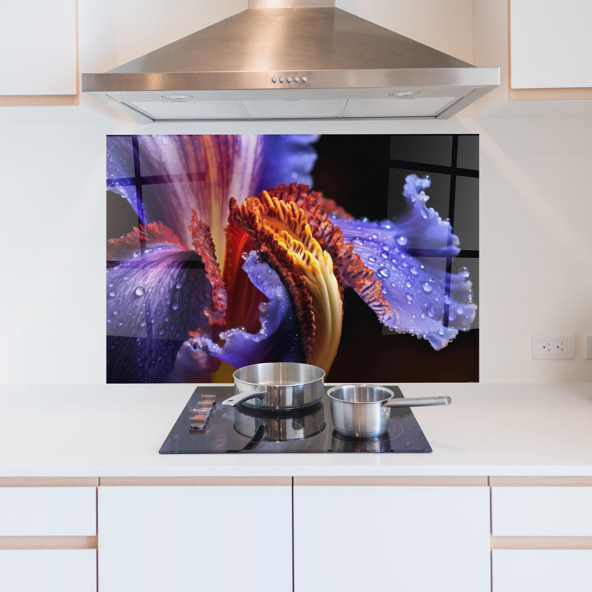 Panou Sticla Bucatarie Close Up Blue Iris After Rain mockup 5