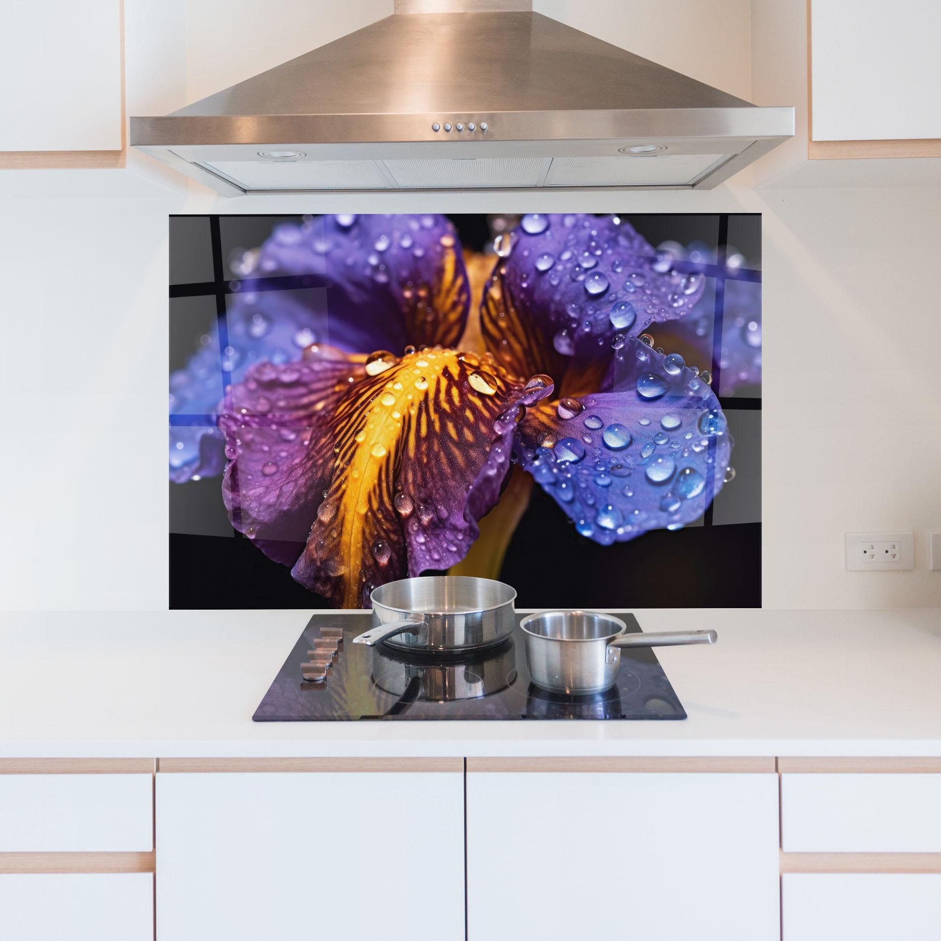 Panou Sticla Bucatarie Close Up Iris After Rain mockup 5