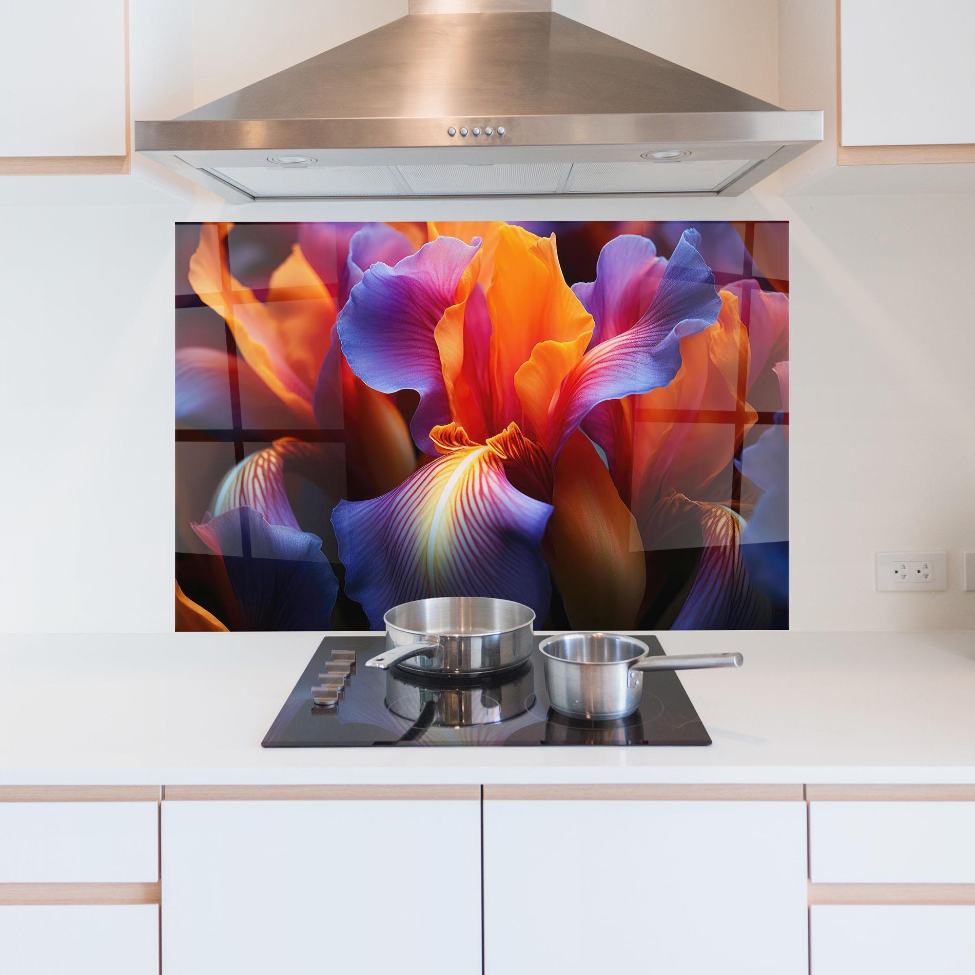 Panou Sticla Bucatarie Orange Purple Iris mockup 5