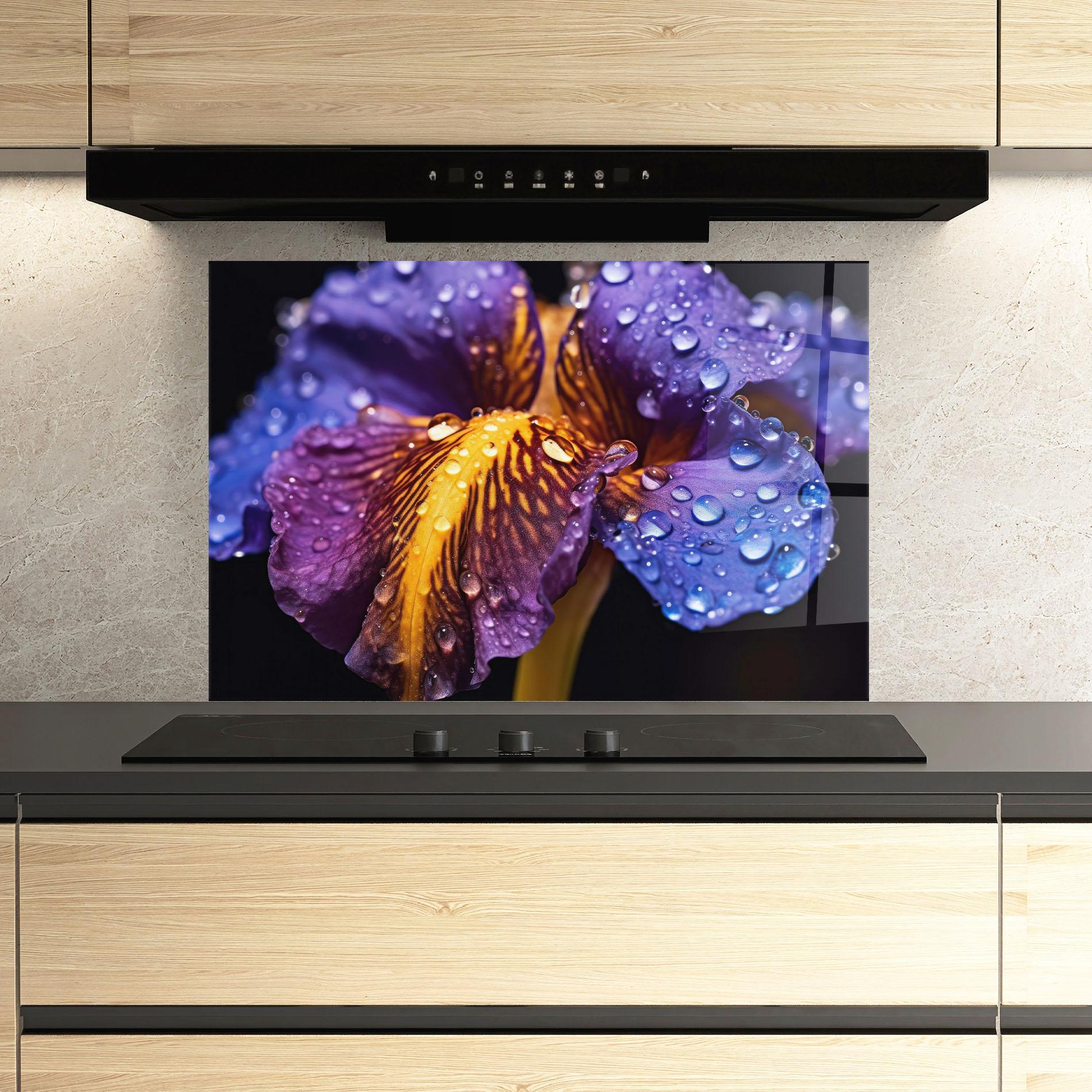 Panou Sticla Bucatarie Close Up Iris After Rain mockup 3