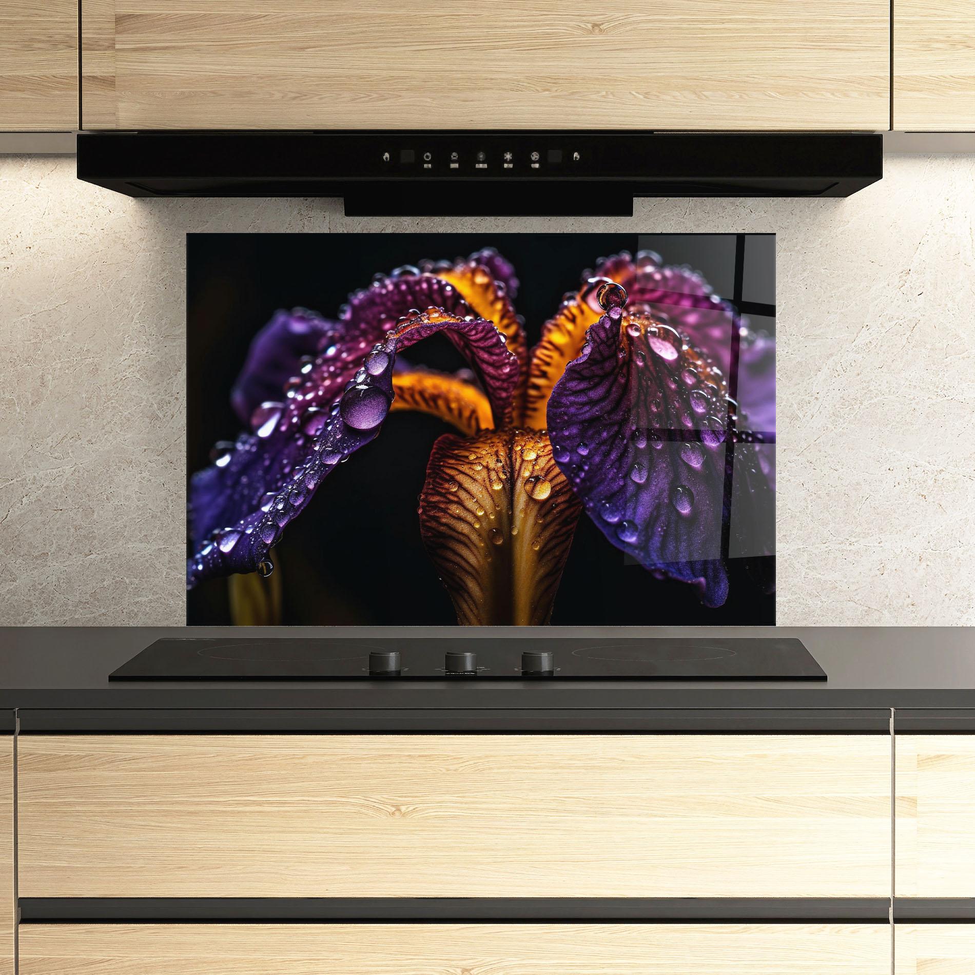 Panou Sticla Bucatarie Dark Iris After Rain mockup 3