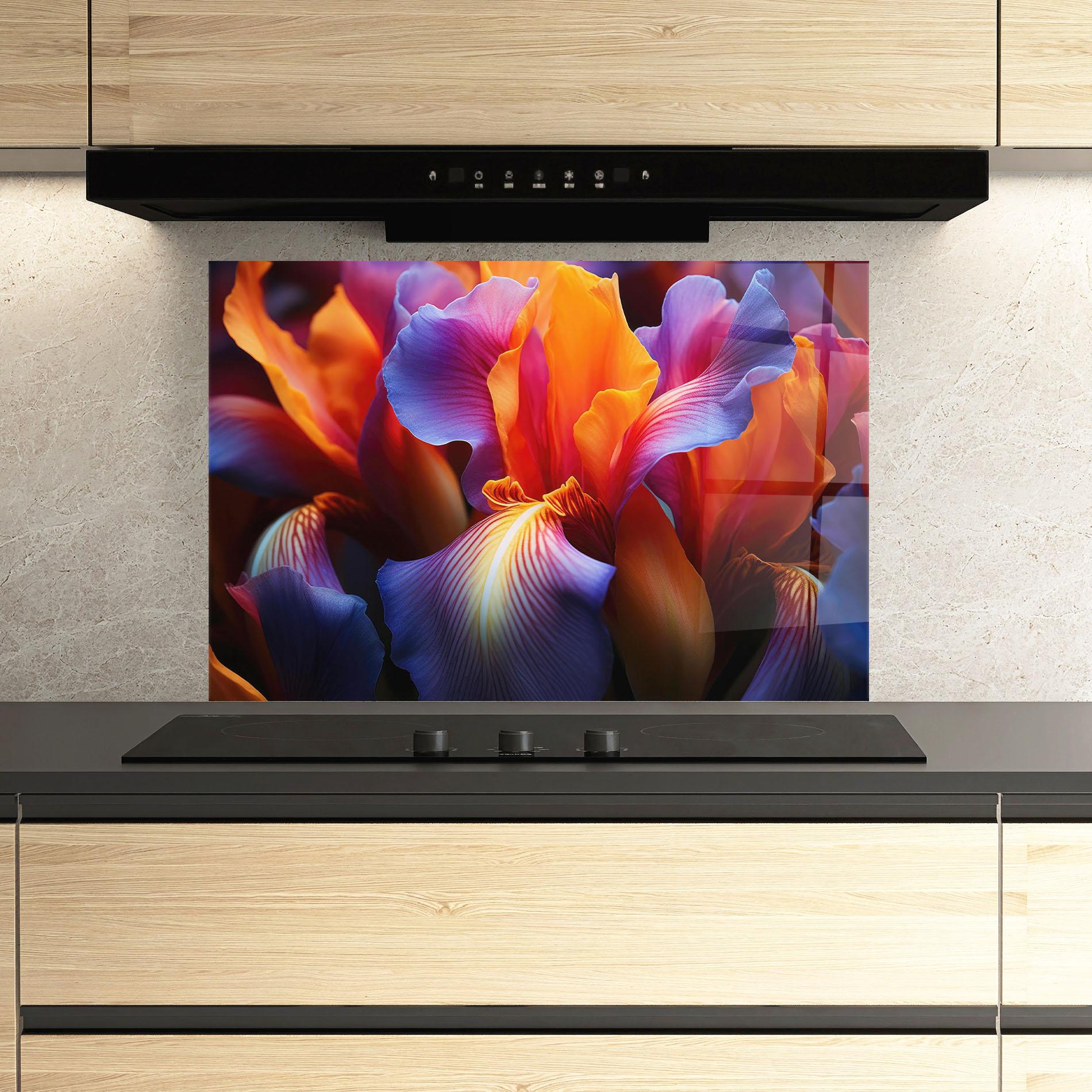 Panou Sticla Bucatarie Orange Purple Iris mockup 3